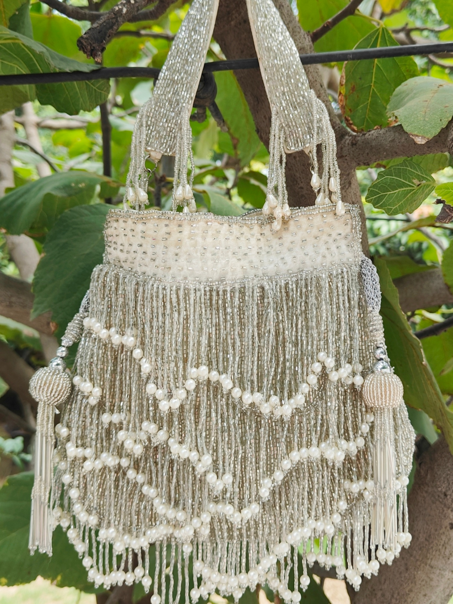 Silver Fringe Glam Potli (White Base)