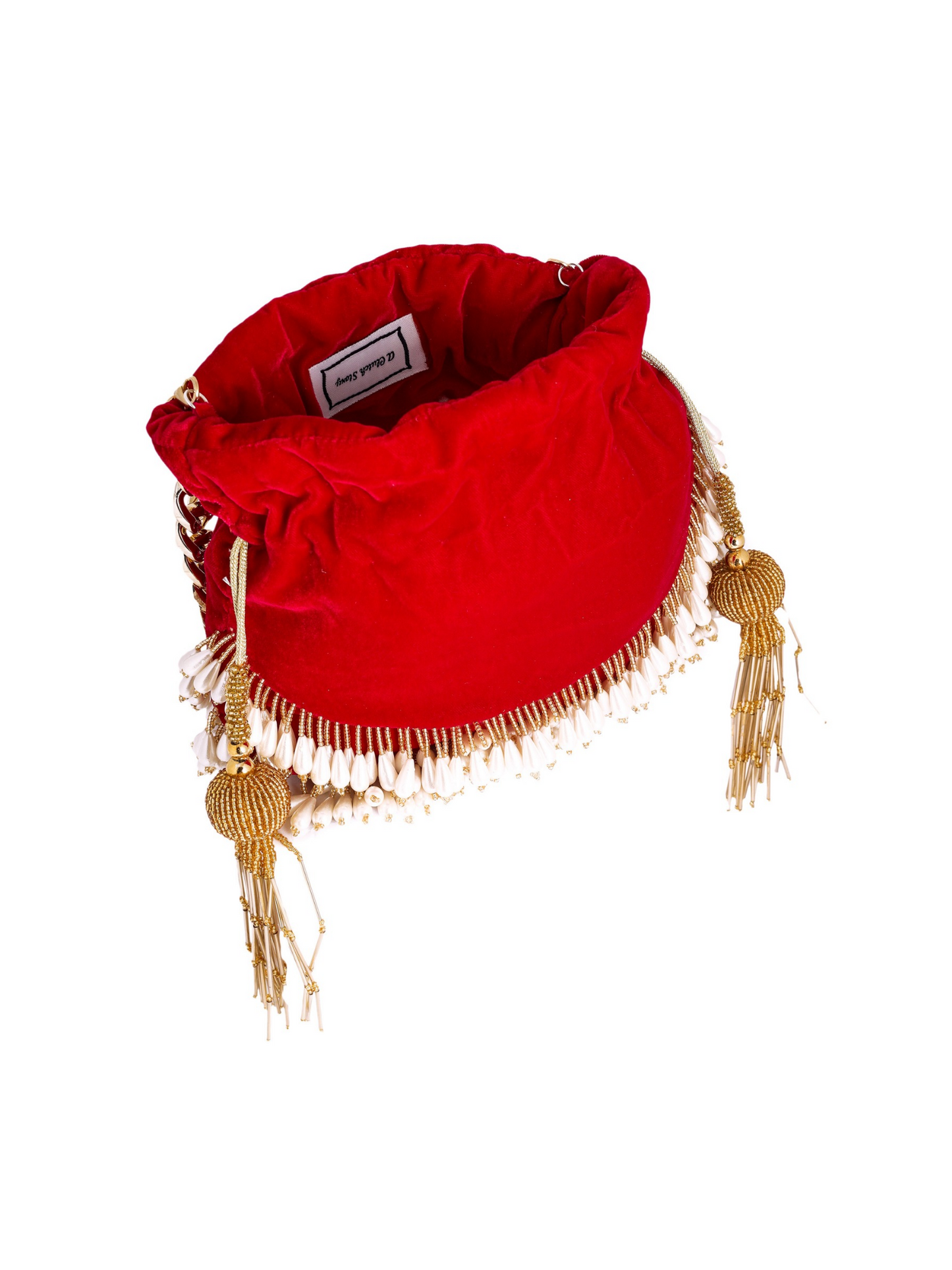 Elegant pearl tassels potli bag by aclutchstory featuring intricate embroidery and traditional design.