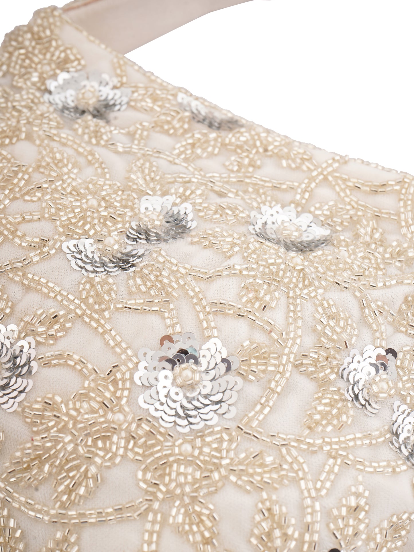 Silver petal hand-embroidered potli bag with intricate detailing, traditional clutch style, perfect for festive occasions.