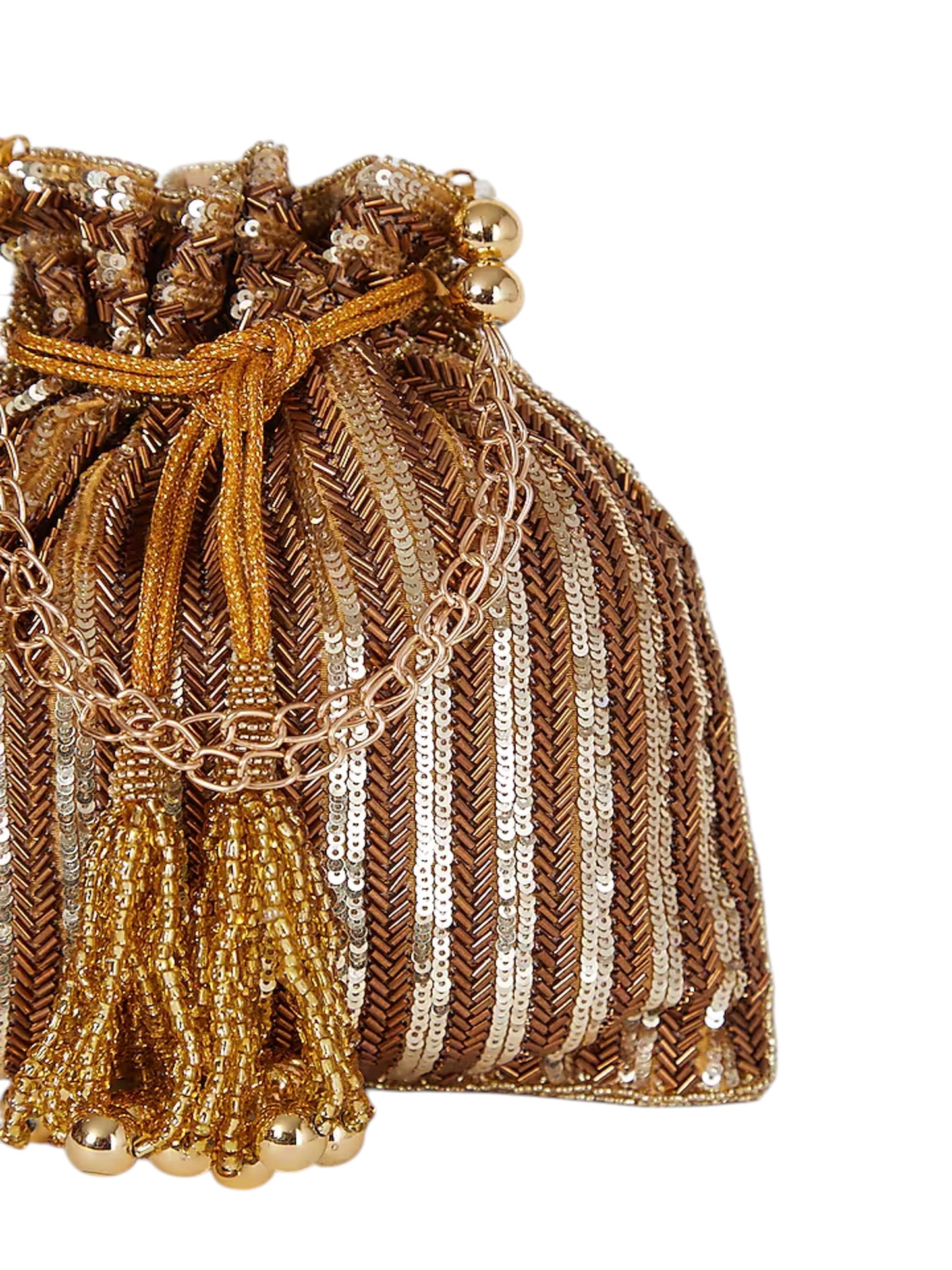 Antique gold sequins potli bag with drawstring closure, traditional Indian accessory by aclutchstory.