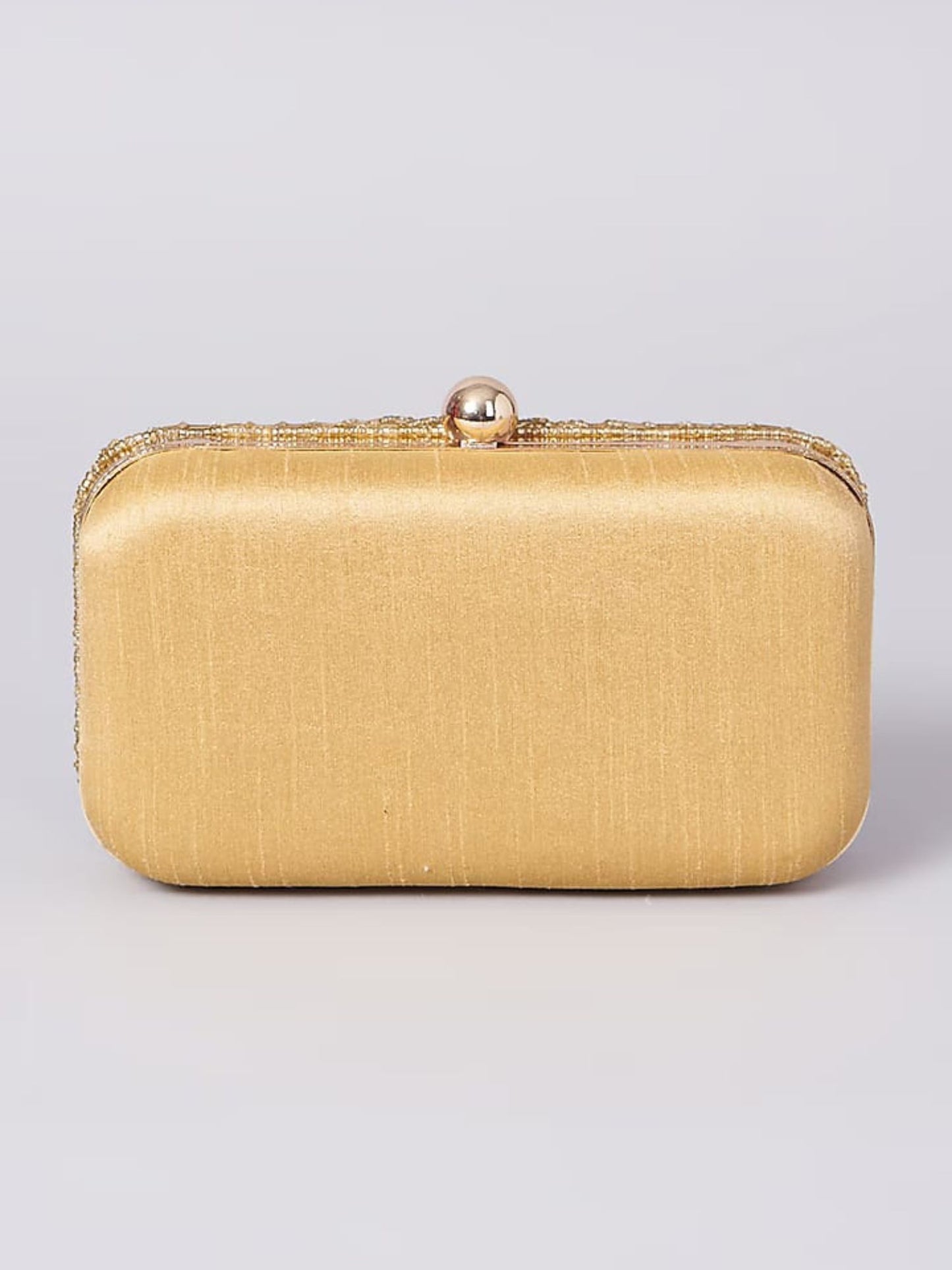 Gold beaded clutch bag by aclutchstory with intricate beadwork and a sleek, compact design for elegant occasions.