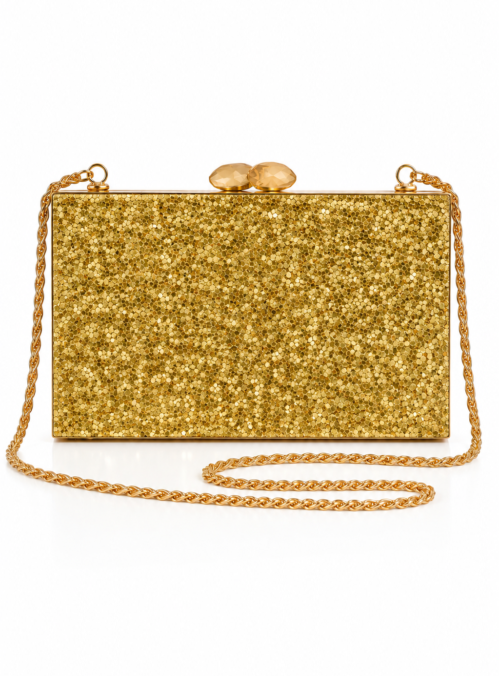 Gold glitter clutch bag with a chain strap on a white background