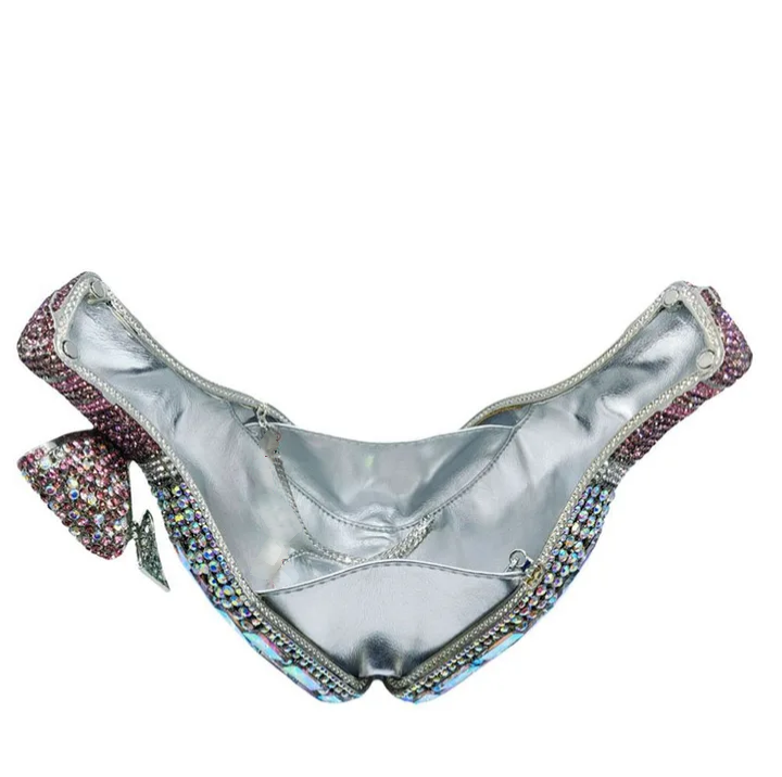 Silver and pink champagne crystal clutch bag with sparkling embellishments, stylish accessory for evening occasions.