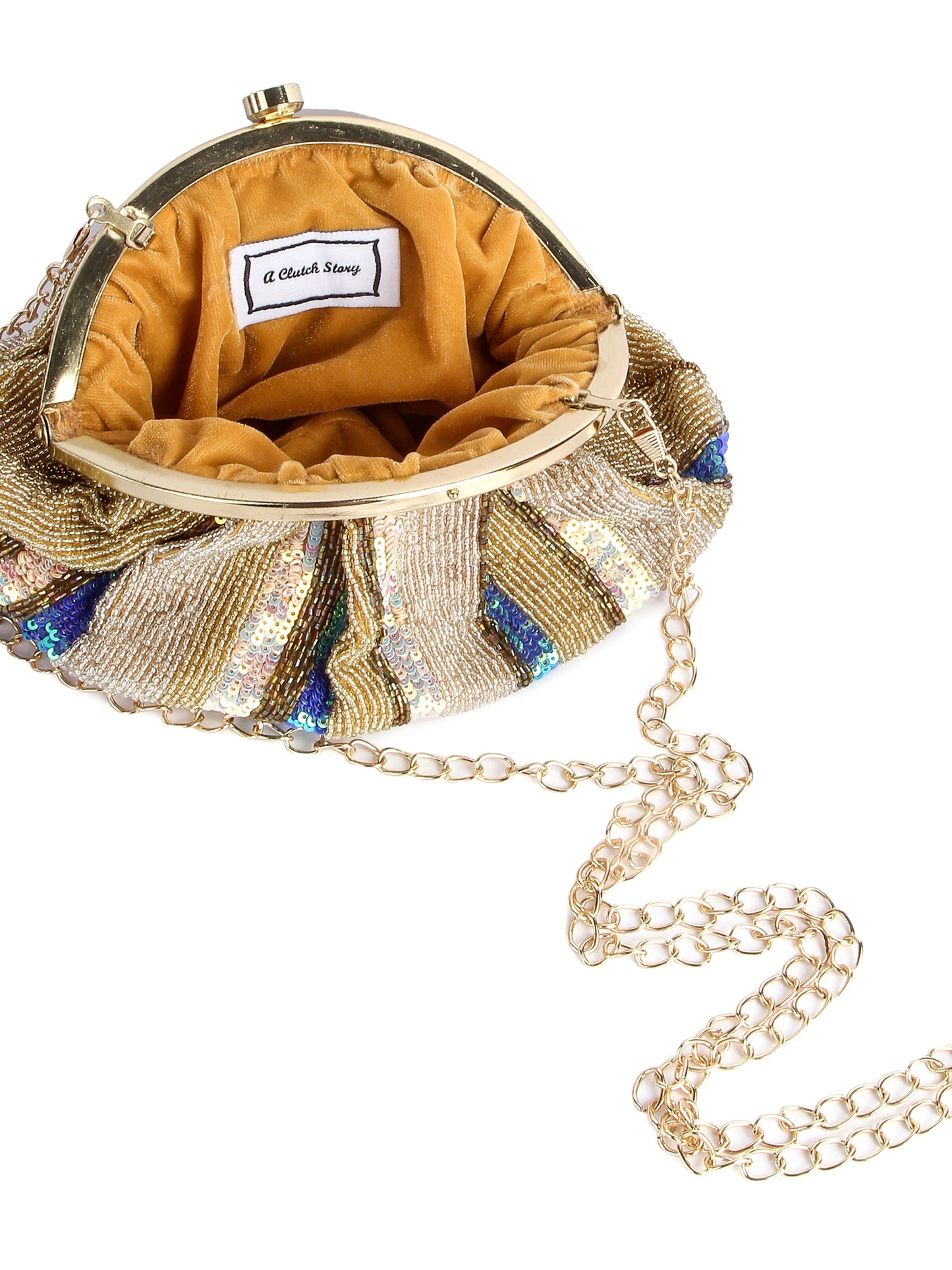 Multicolored hand-embroidered Batua clutch bag with intricate embroidery, designed by aclutchstory.