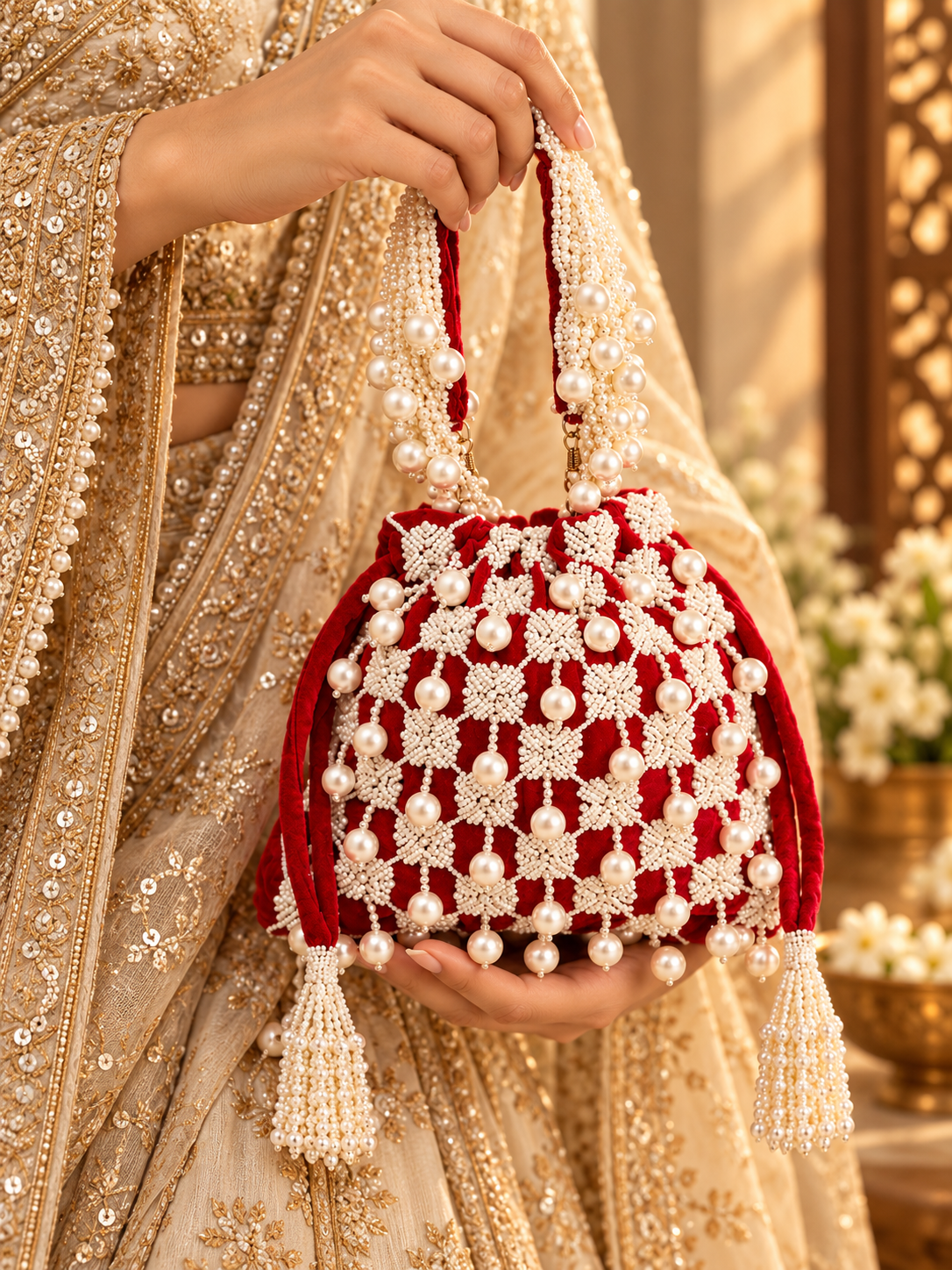 Red Pearl Tassels Potli
