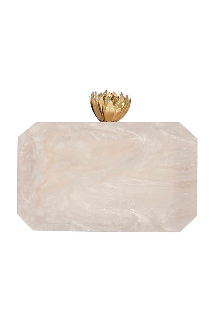 White customized embossed Resin clutch with sleek design and textured surface, perfect for elegant evening or special occasions.