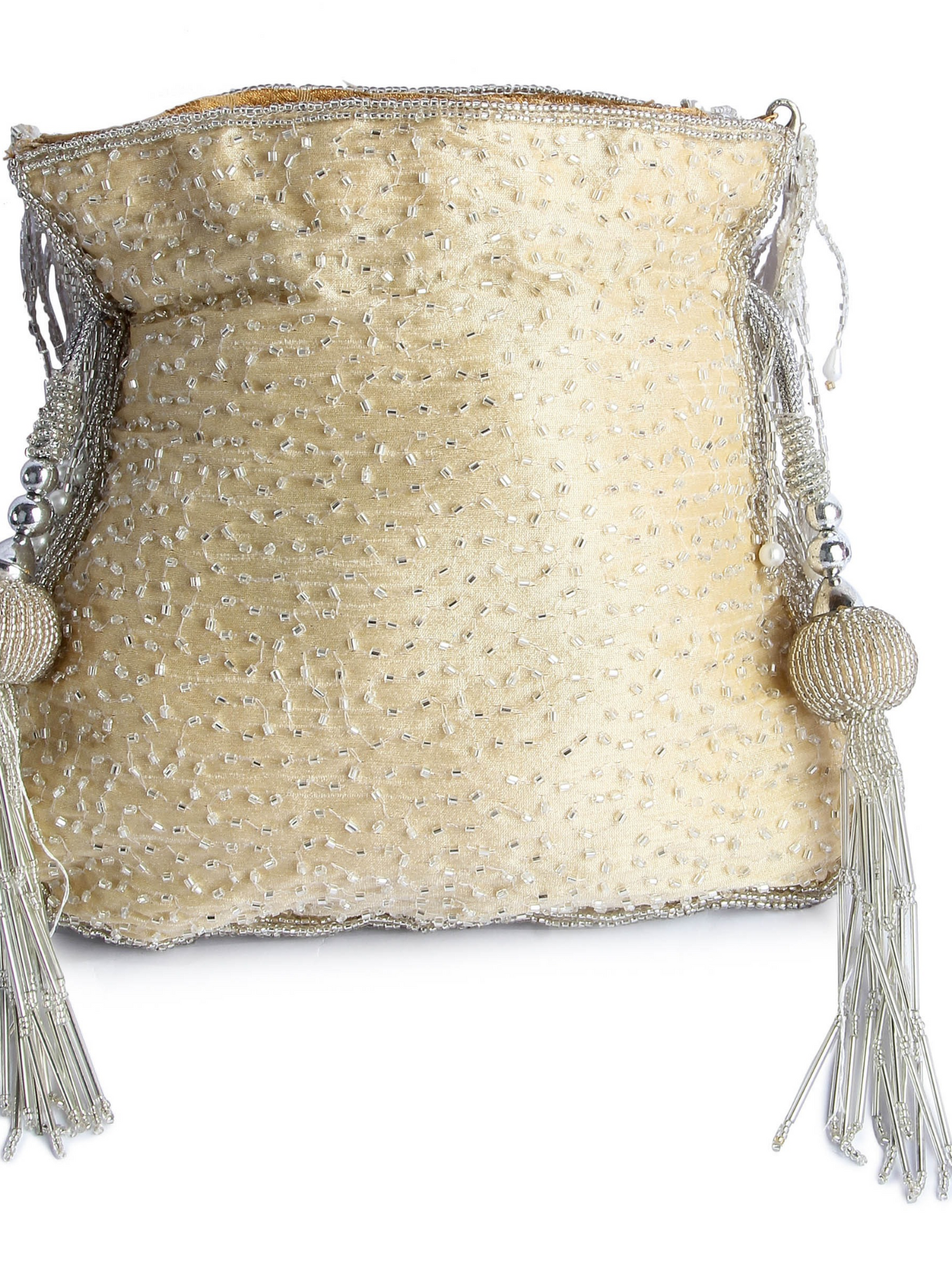 Silver Fringe Glam Potli (Beige Base)