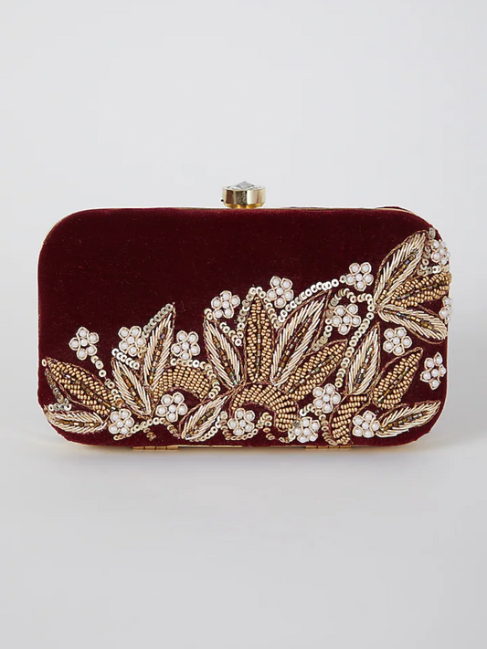 Maroon Dabka Leaf Clutch