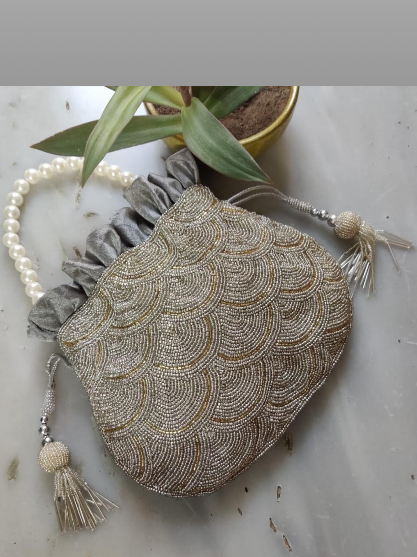 Grey Beaded Handembroidered Potli