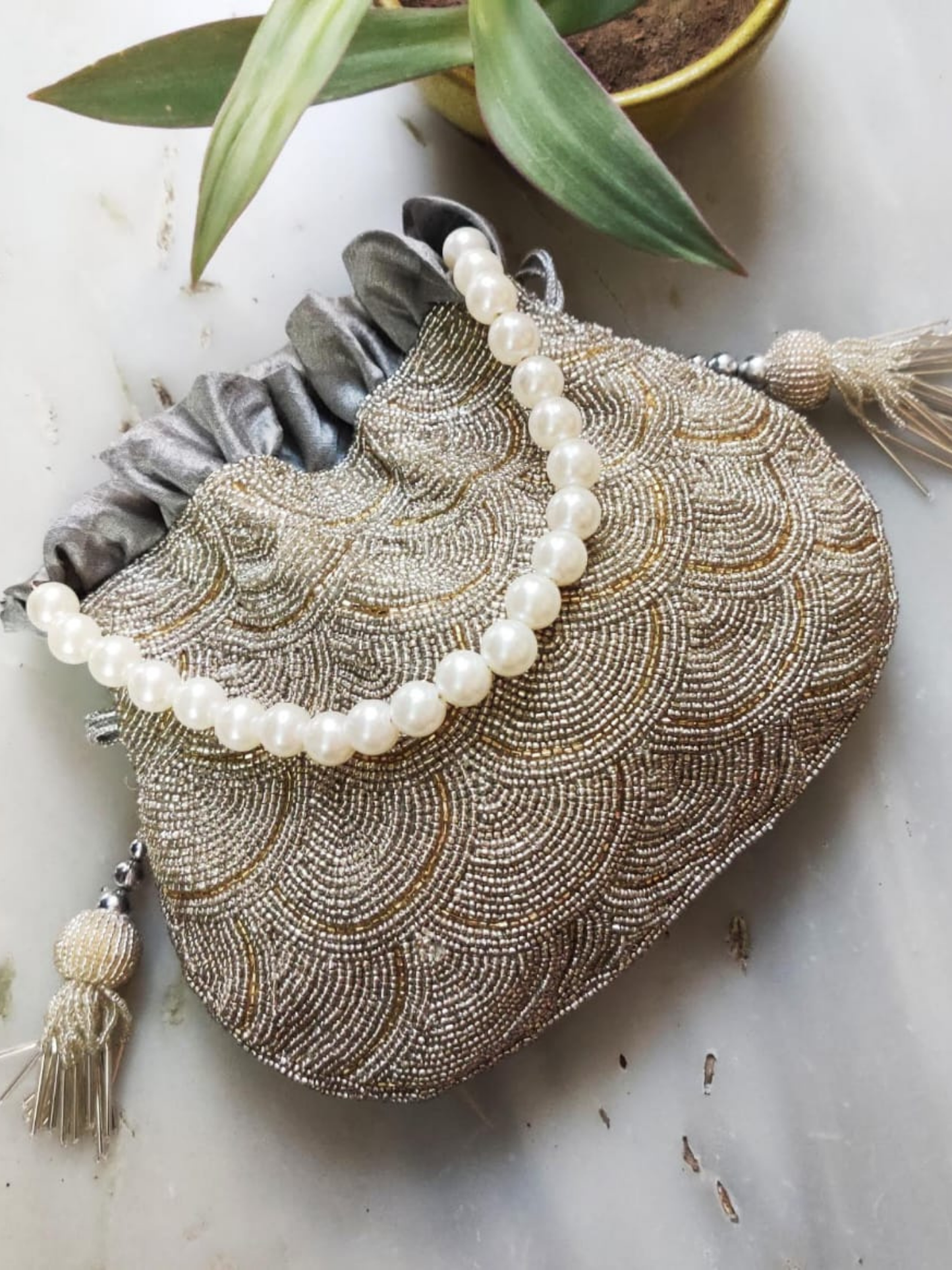 Grey Beaded Handembroidered Potli