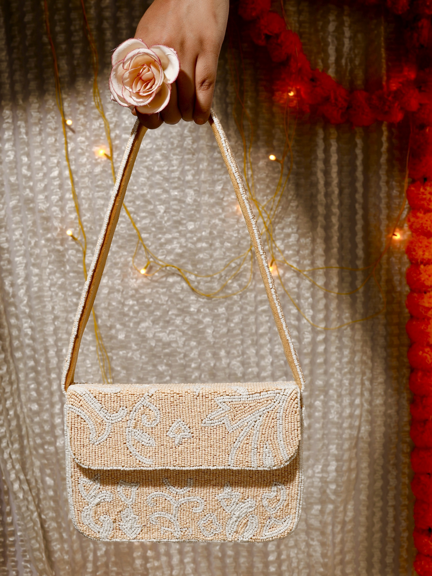 Beige Bloom Beaded Purse