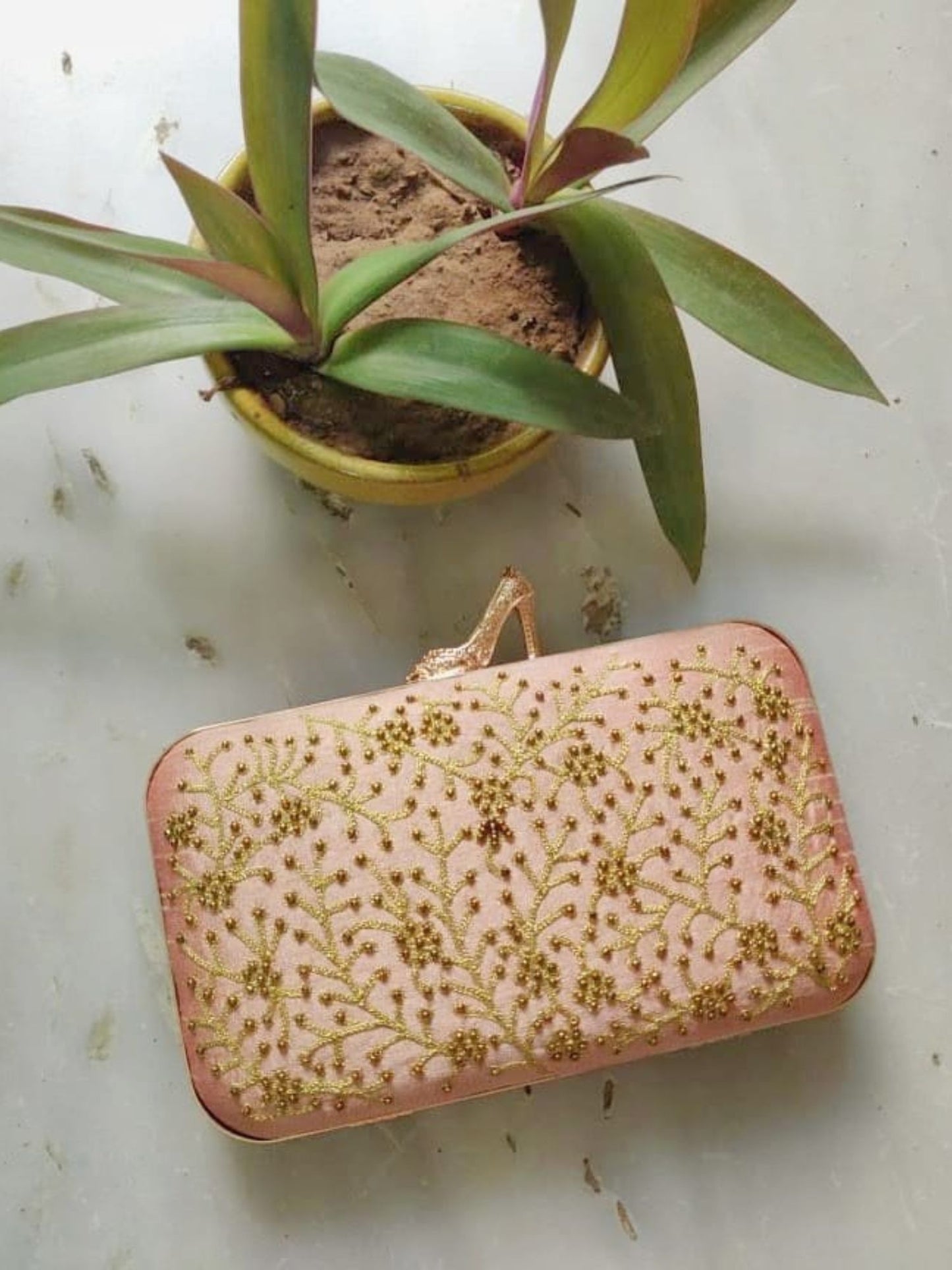 Peach High Heels Handembroidered Clutch