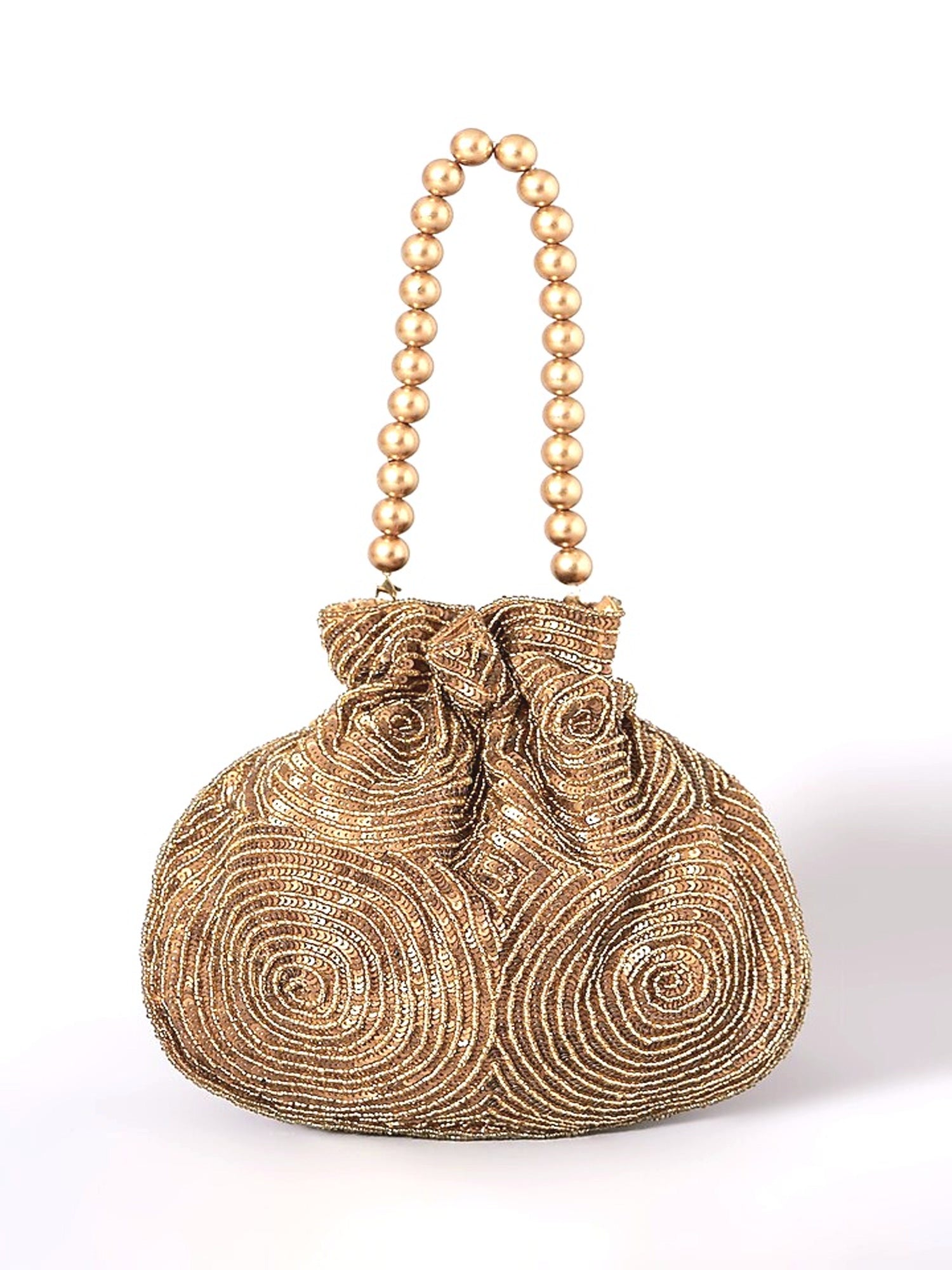 Antique gold matka potli bag by aclutchstory featuring intricate embroidery, worn by Anjum Fakih for elegant occasions.