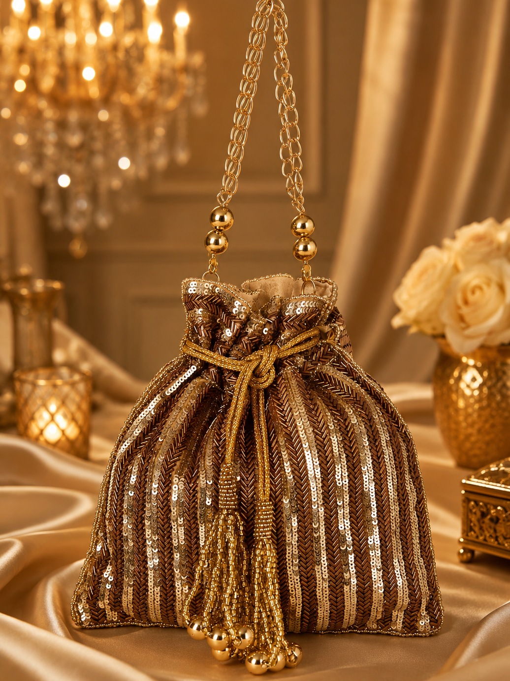 Gold sequin handbag with chain handle on a decorative table with chandelier and flowers.