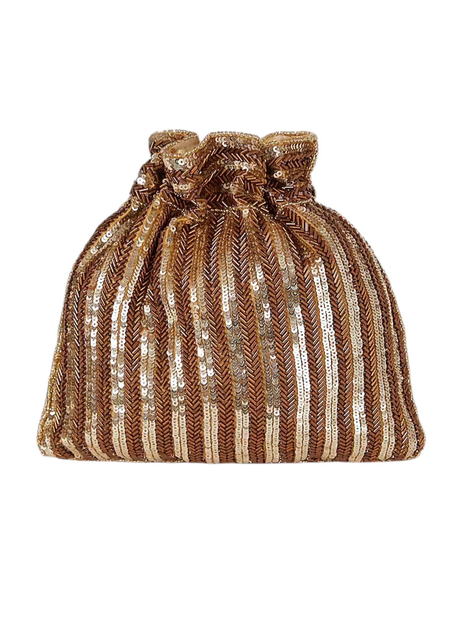 Antique gold sequins potli bag with intricate embroidery, traditional Indian accessory, perfect for festive occasions.