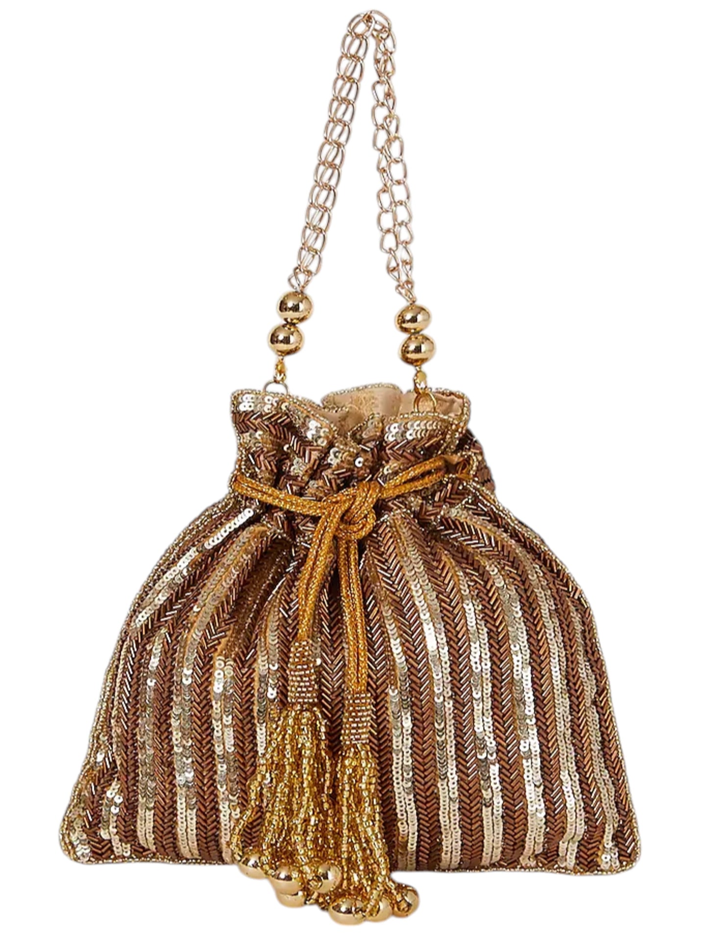 Antique gold sequins potli bag with drawstring closure, handcrafted clutch by aclutchstory showing detailed embroidery and traditional design.