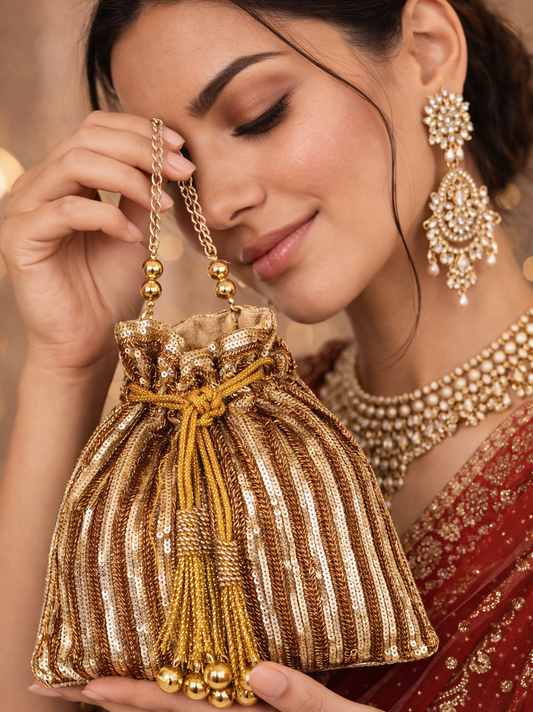 Woman holding a gold and brown striped pouch with jewelry in the background