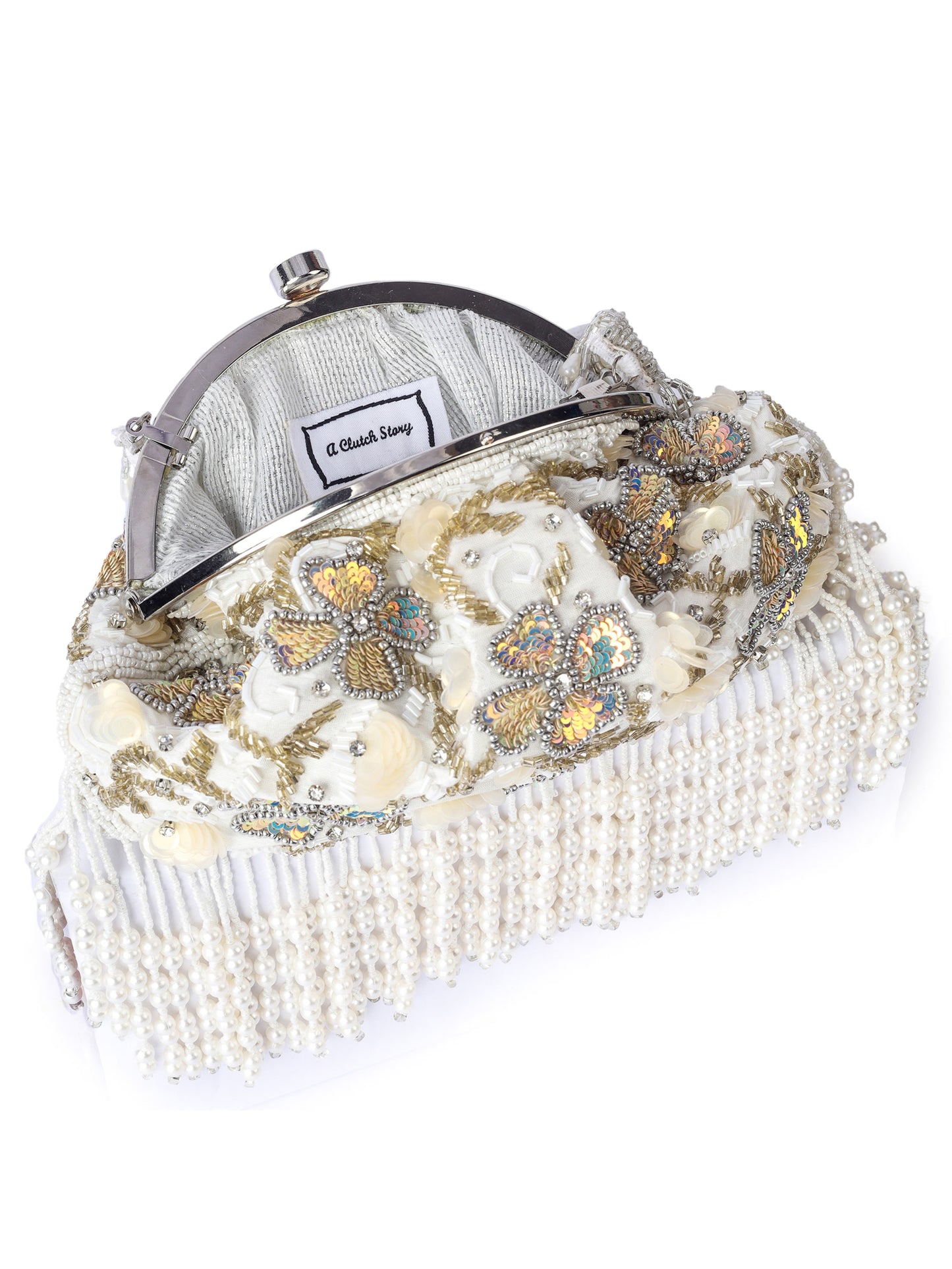 Hand-embroidered Kalki Kochelin Belle Fluer Batua clutch bag with intricate floral designs, crafted by aclutchstory.