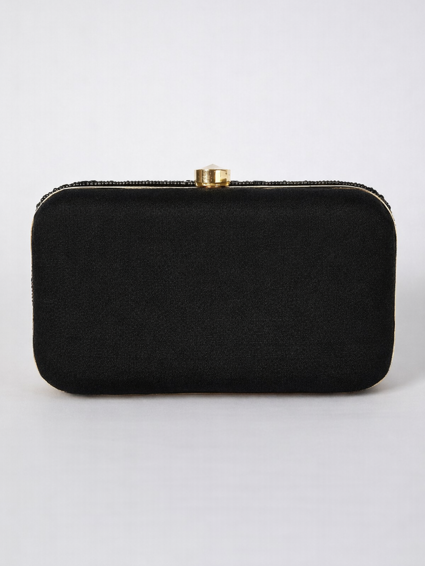 Black beaded Cleopatra clutch purse with intricate beadwork, elegant design, and gold clasp from aclutchstory.