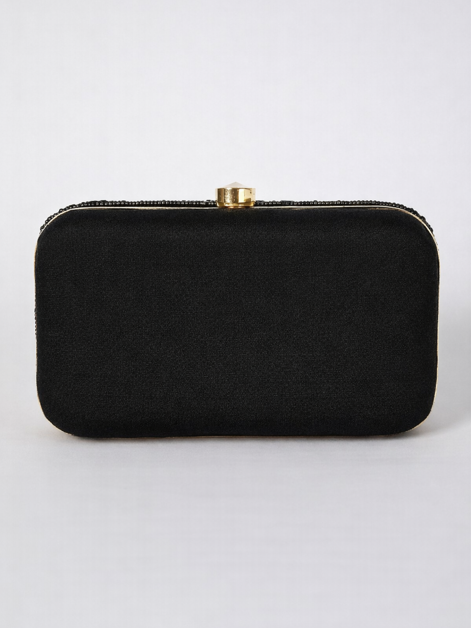 Black beaded Cleopatra clutch purse with intricate beadwork, elegant design, and gold clasp from aclutchstory.