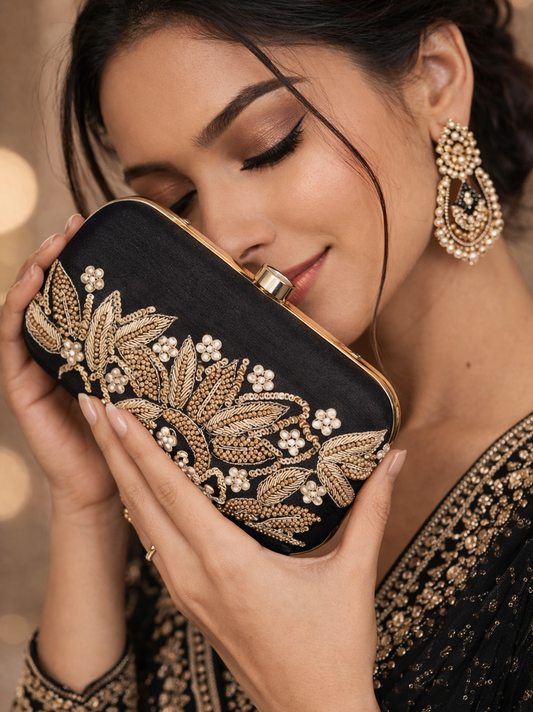 Woman holding a black clutch with gold embroidery, wearing matching jewelry.