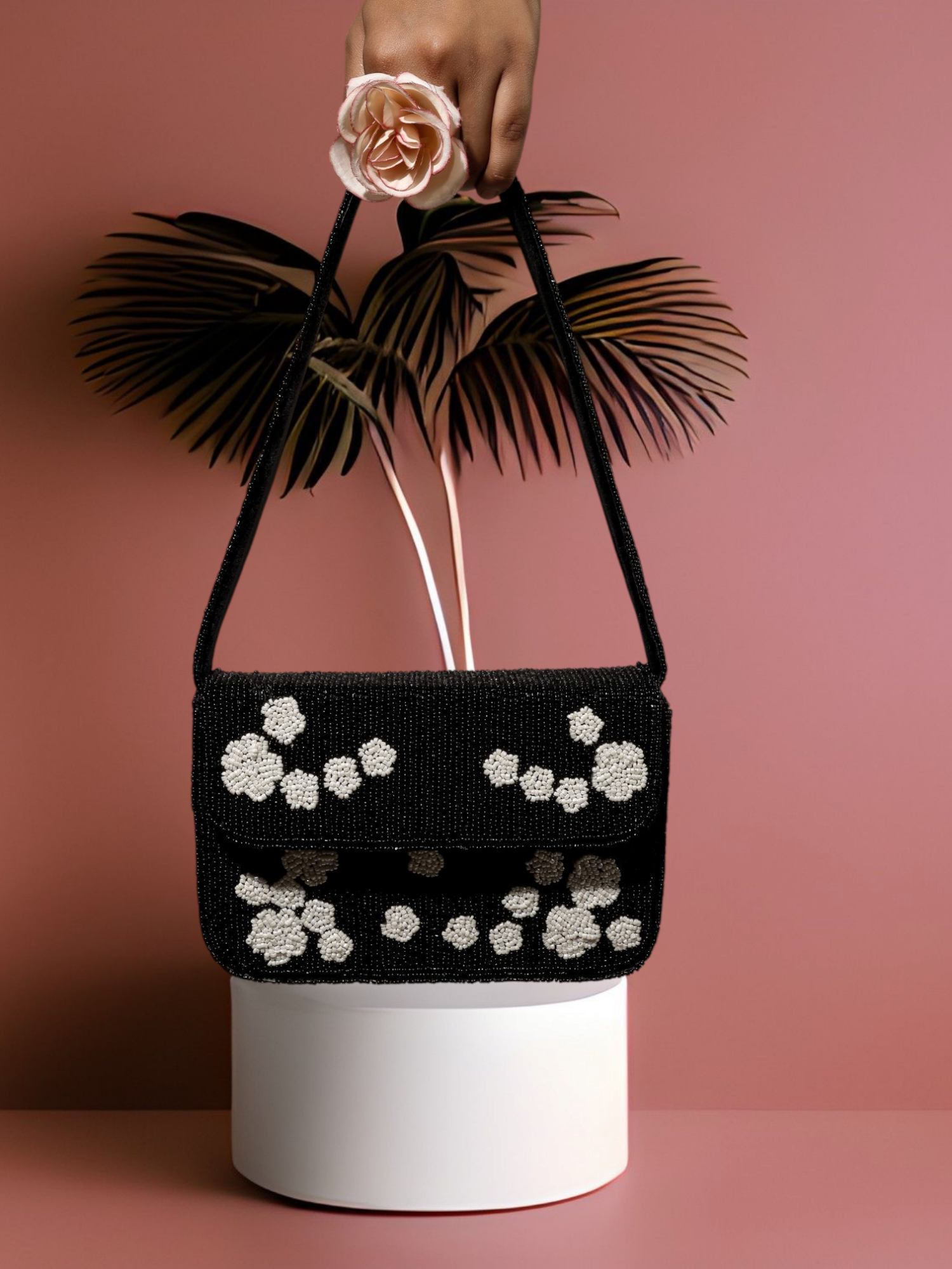 Black Rose Beaded Purse by aclutchstory with intricate beaded floral design and compact clutch style.