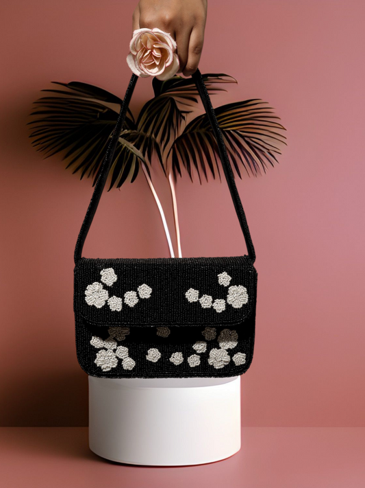 Black Rose Beaded Purse by aclutchstory with intricate beaded floral design and compact clutch style.