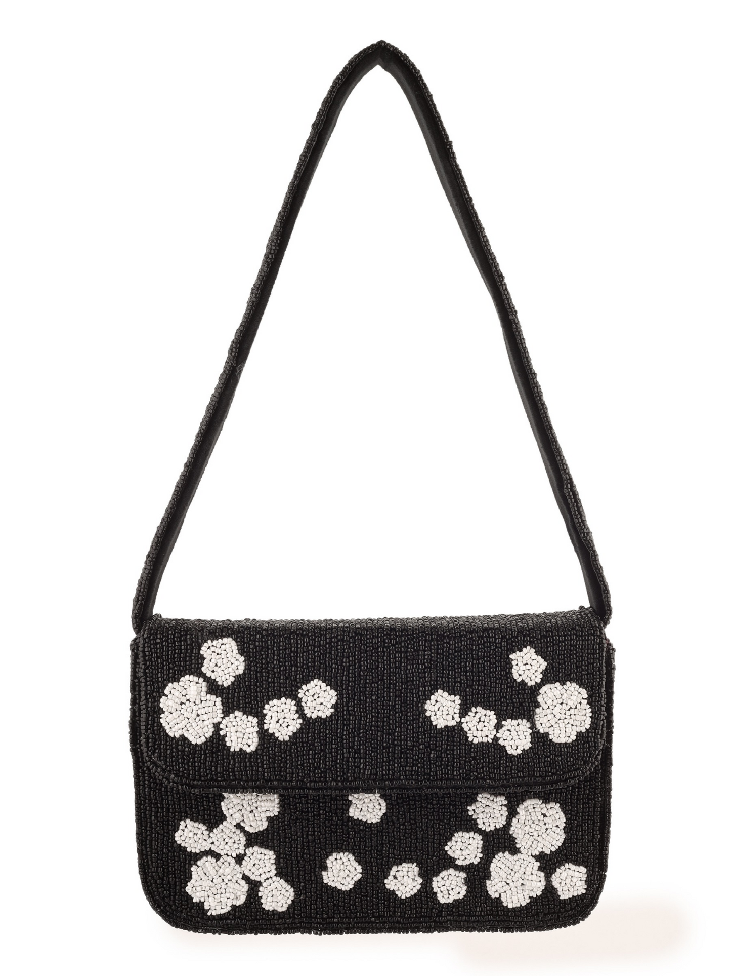 Black rose beaded clutch purse with intricate beading and floral design, stylish accessory by aclutchstory.