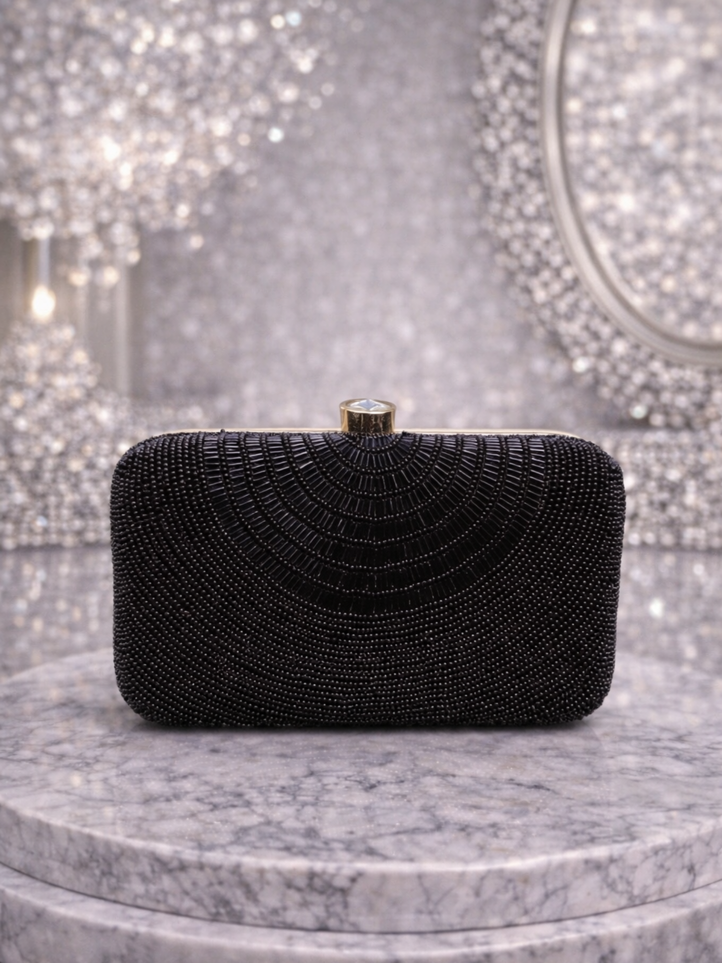 Black beaded Cleopatra clutch bag with intricate beadwork, stylish accessory perfect for evening and special occasions.