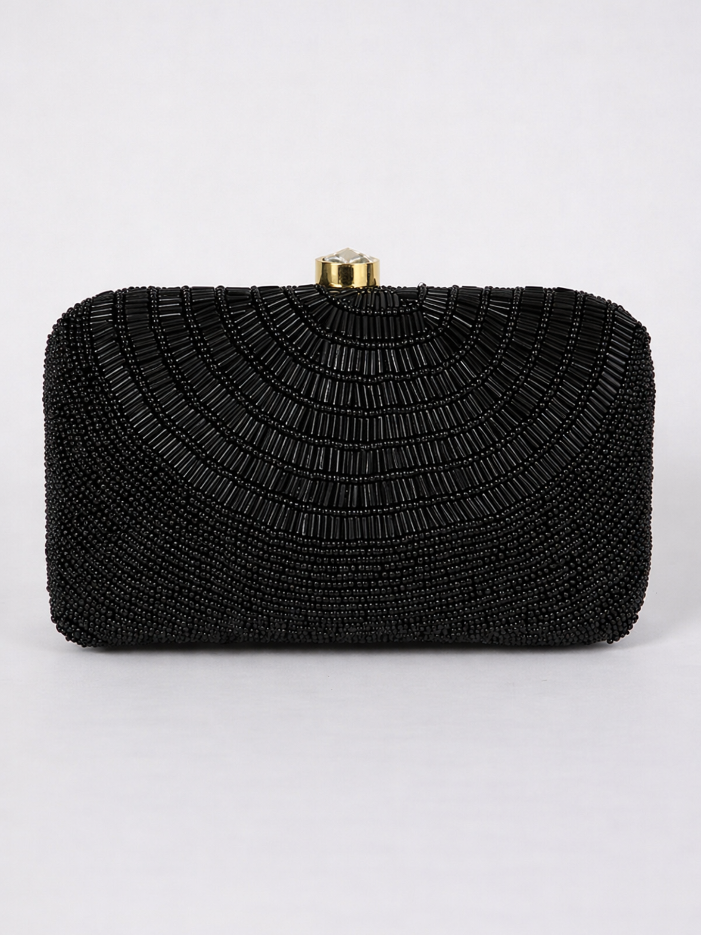 Black beaded Cleopatra clutch bag with intricate beadwork and gold accents, stylish accessory for evening or special occasions.