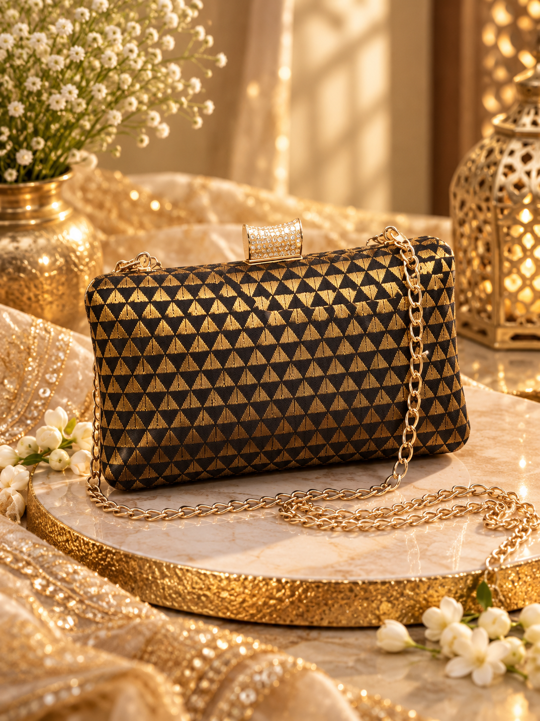Black geometric Brocade Clutch