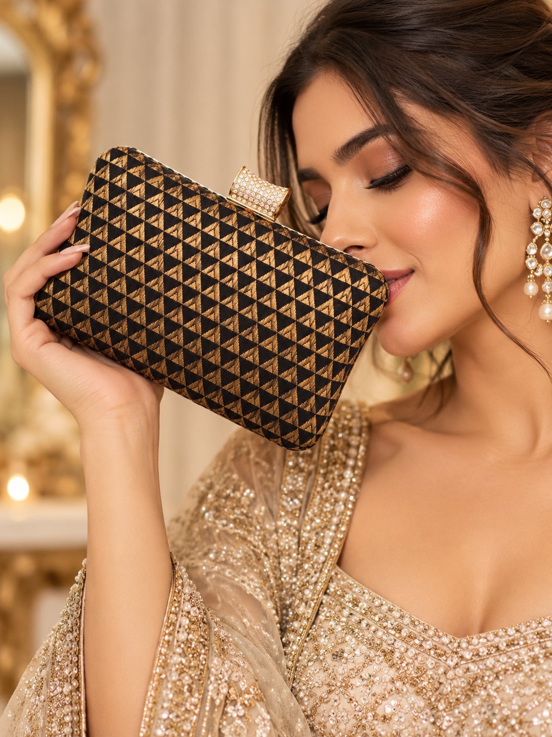 Black geometric Brocade Clutch