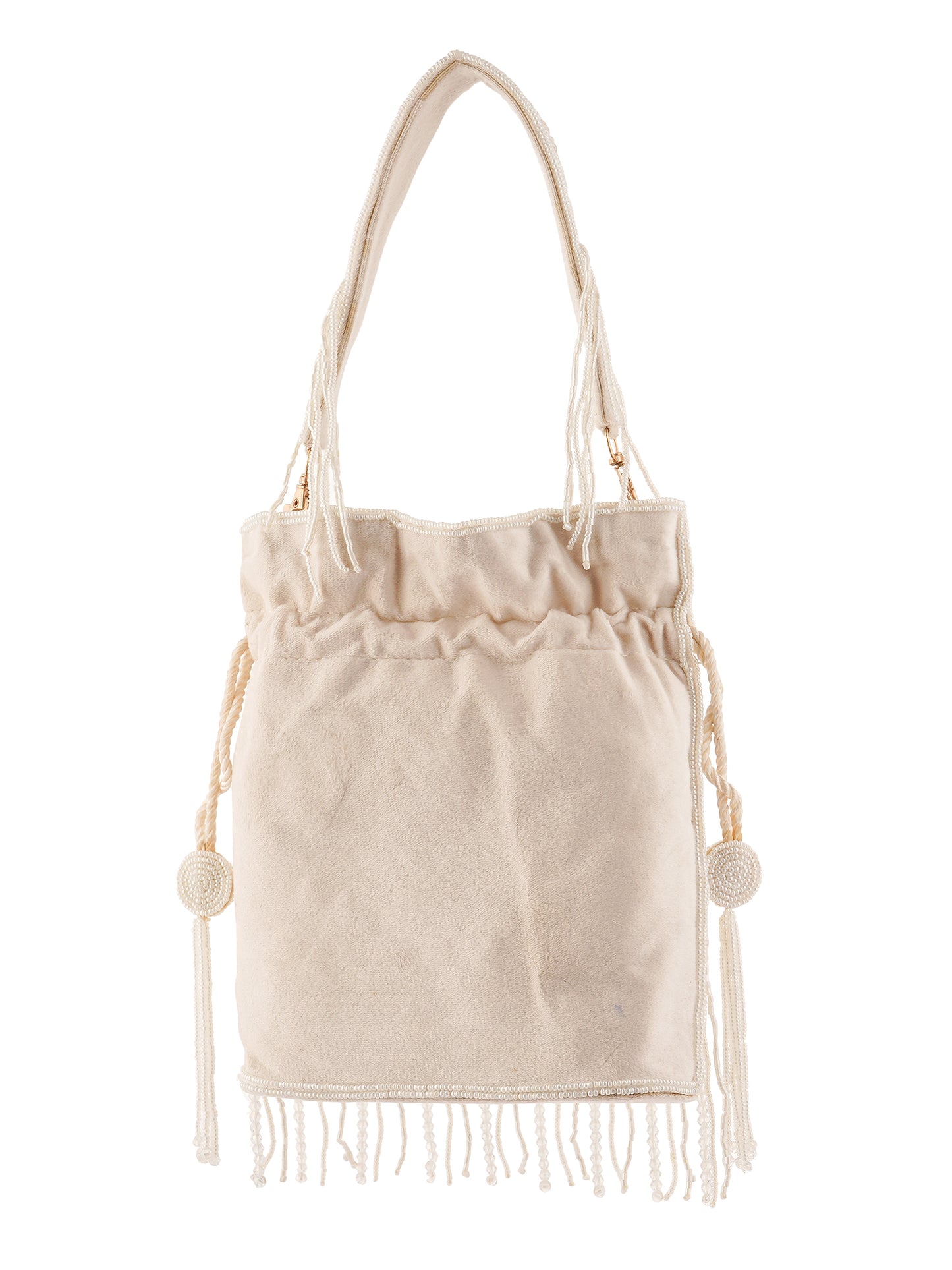 Handembroidered Chandrika Potli Bag with intricate pearl embroidery and traditional drawstring closure from aclutchstory.