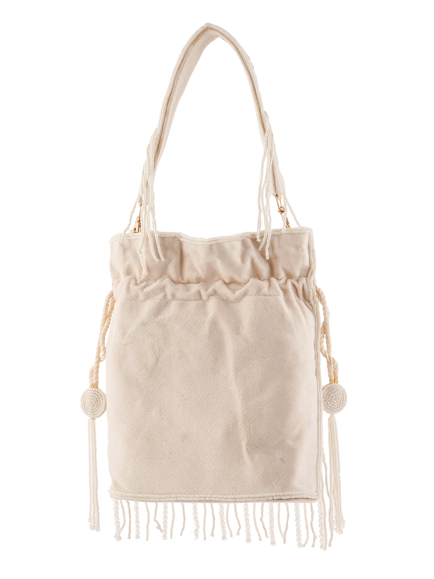 Handembroidered Chandrika Potli Bag with intricate pearl embroidery and traditional drawstring closure from aclutchstory.