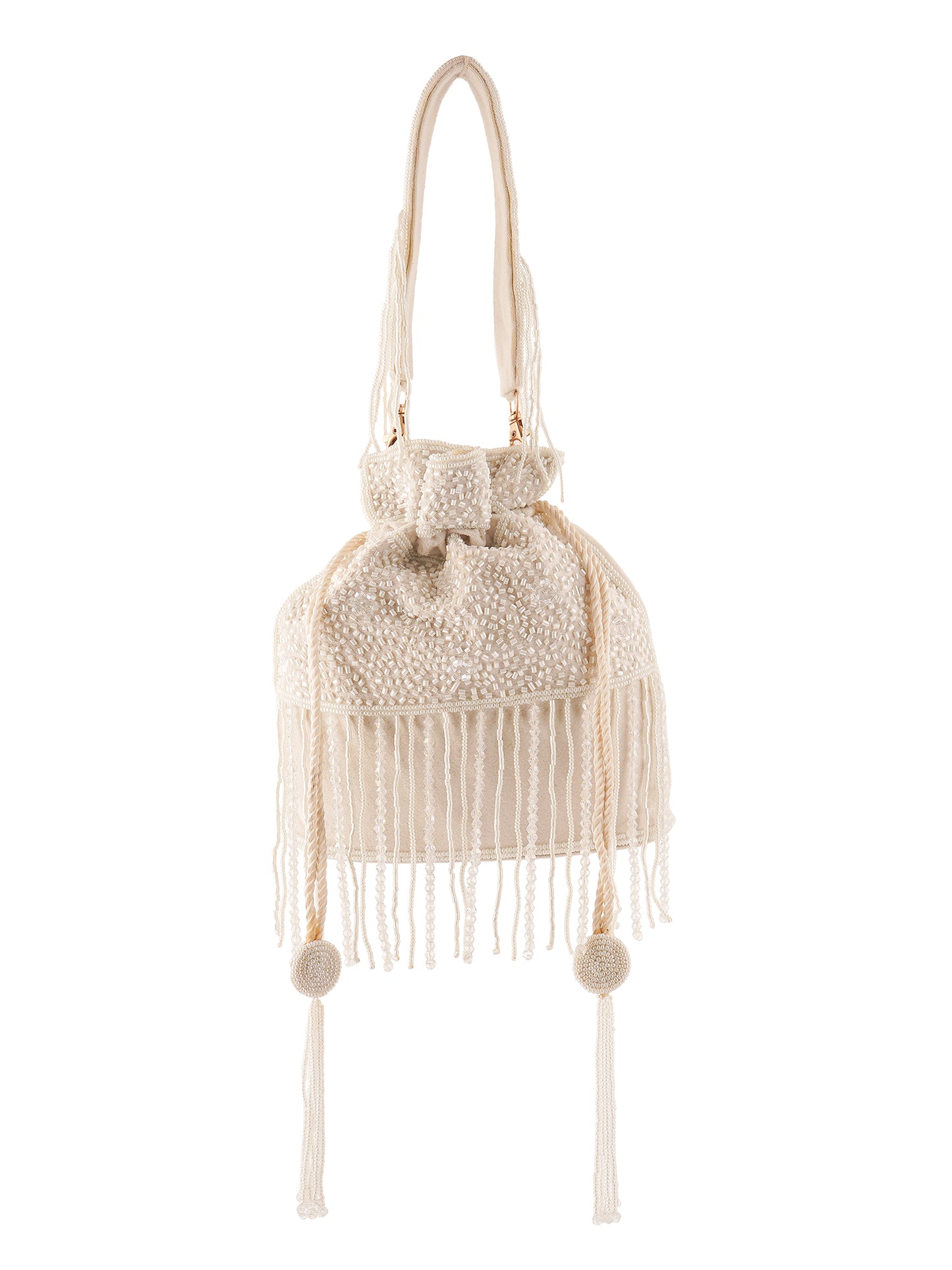 Hand-embroidered Chandrika Potli Bag with intricate pearl detailing, crafted by aclutchstory, perfect for traditional and festive occasions.