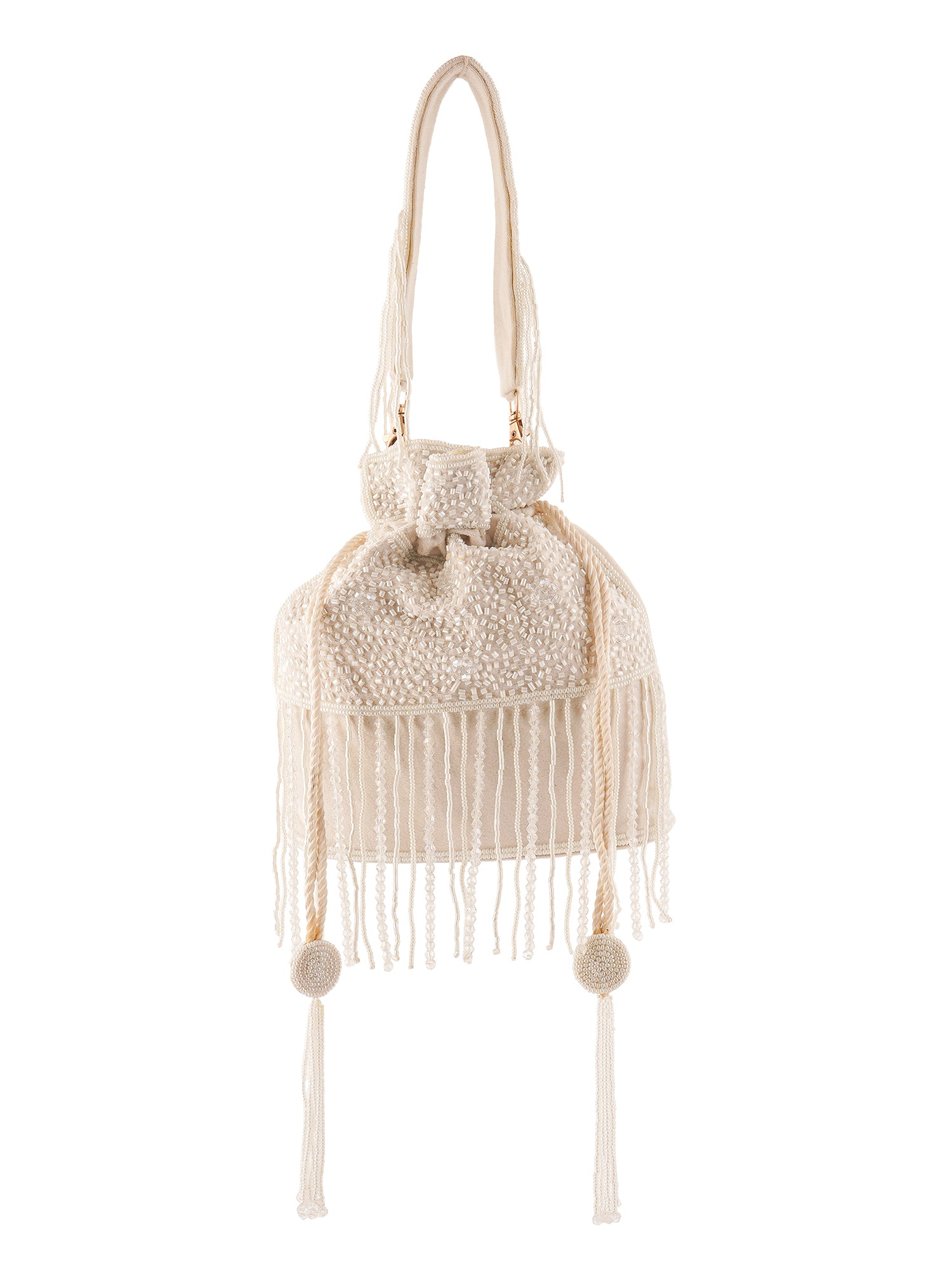 Hand-embroidered Chandrika Potli Bag with intricate pearl detailing, crafted by aclutchstory, perfect for traditional and festive occasions.