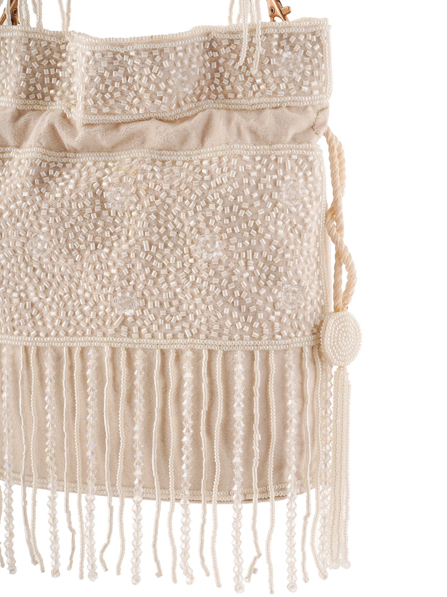 Handembroidered Chandrika Potli Bag by aclutchstory with intricate pearl embroidery and traditional design, perfect for festive occasions.