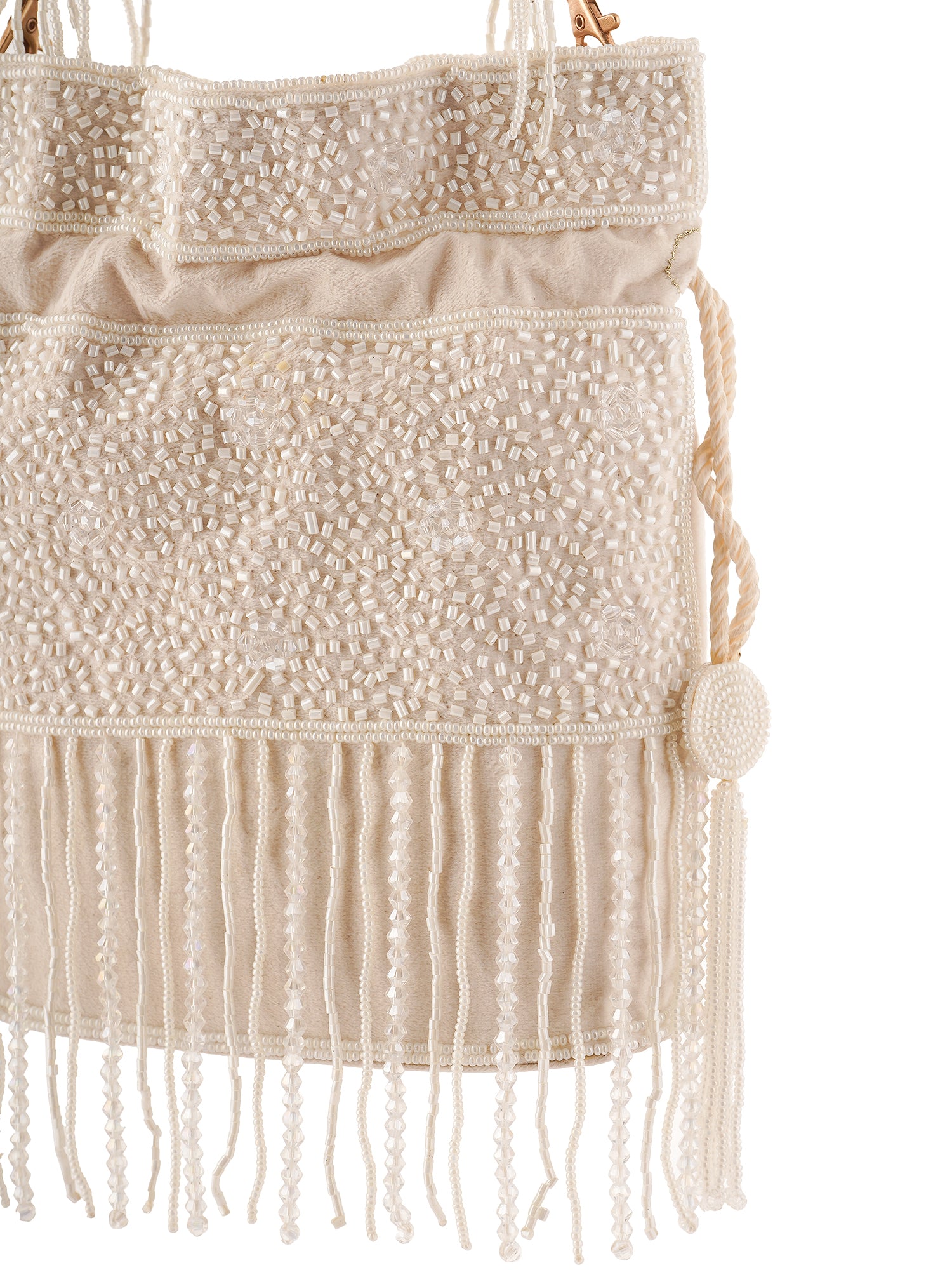 Handembroidered Chandrika Potli Bag by aclutchstory with intricate pearl embroidery and traditional design, perfect for festive occasions.