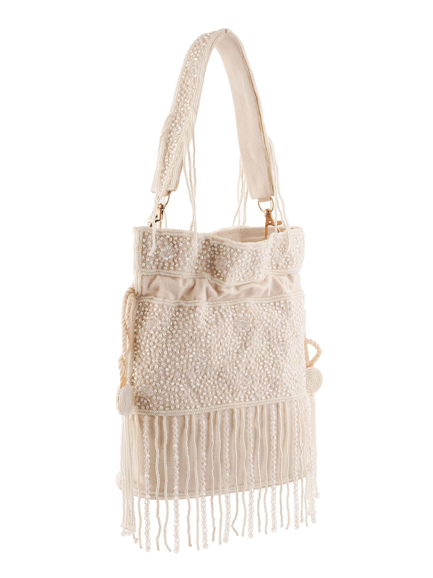 Hand-embroidered Chandrika Potli Bag with intricate pearl detailing, made by aclutchstory, showcasing traditional craftsmanship and elegant design.