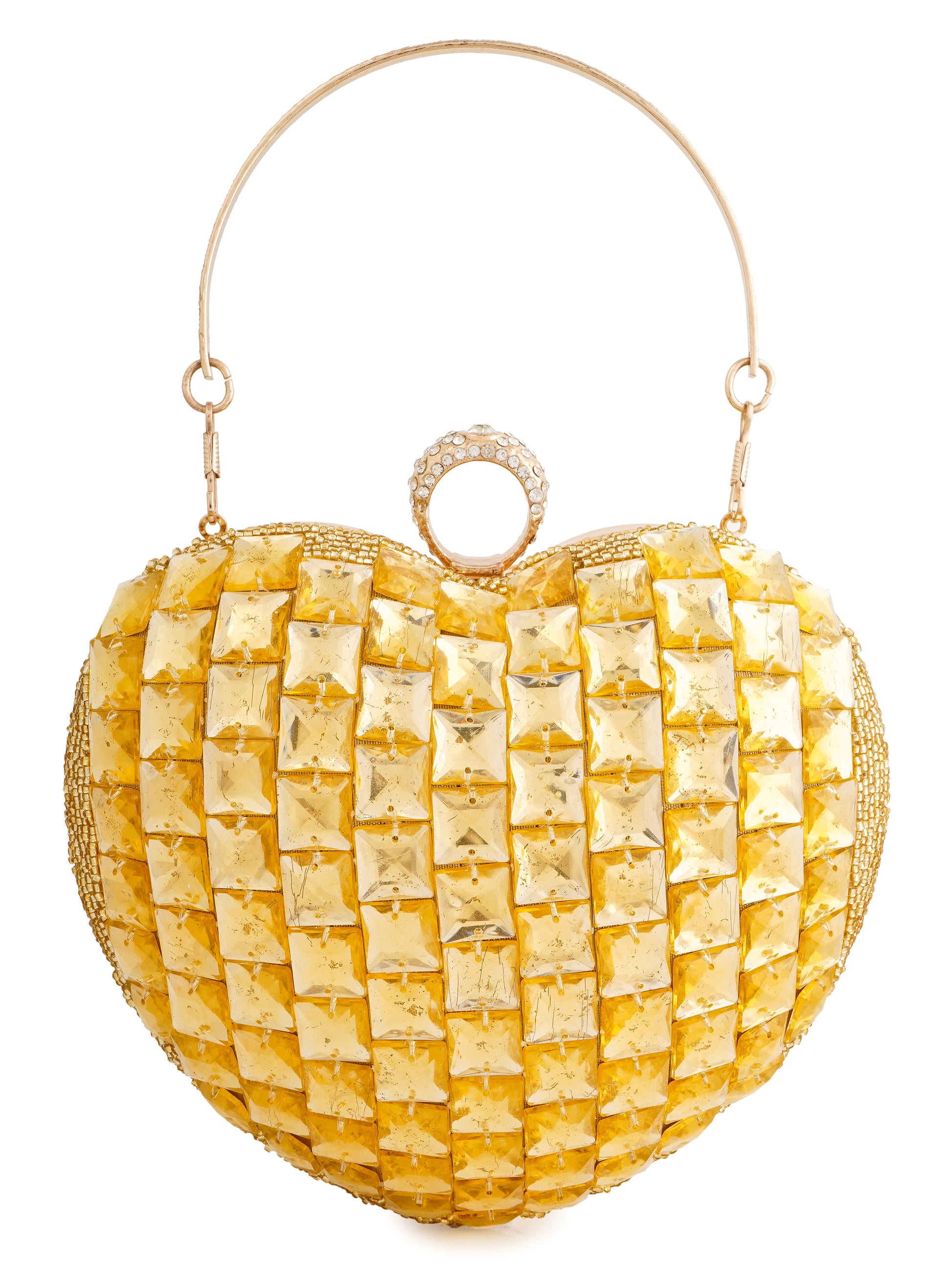 Citrine heart-shaped clutch bag with gold clasp, featuring a vibrant orange-yellow gemstone design by aclutchstory.
