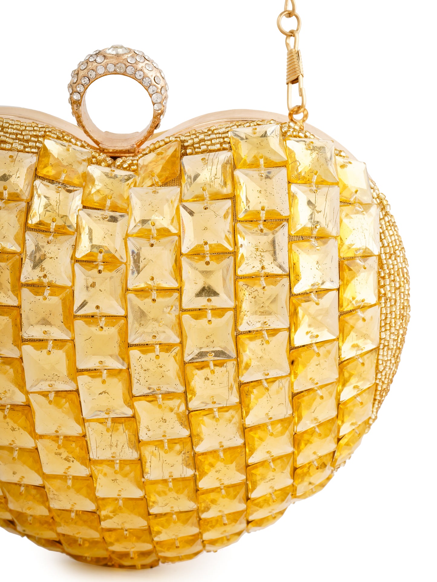 Citrine heart-shaped clutch by aclutchstory with gold-tone clasp and elegant design, perfect for evening occasions.