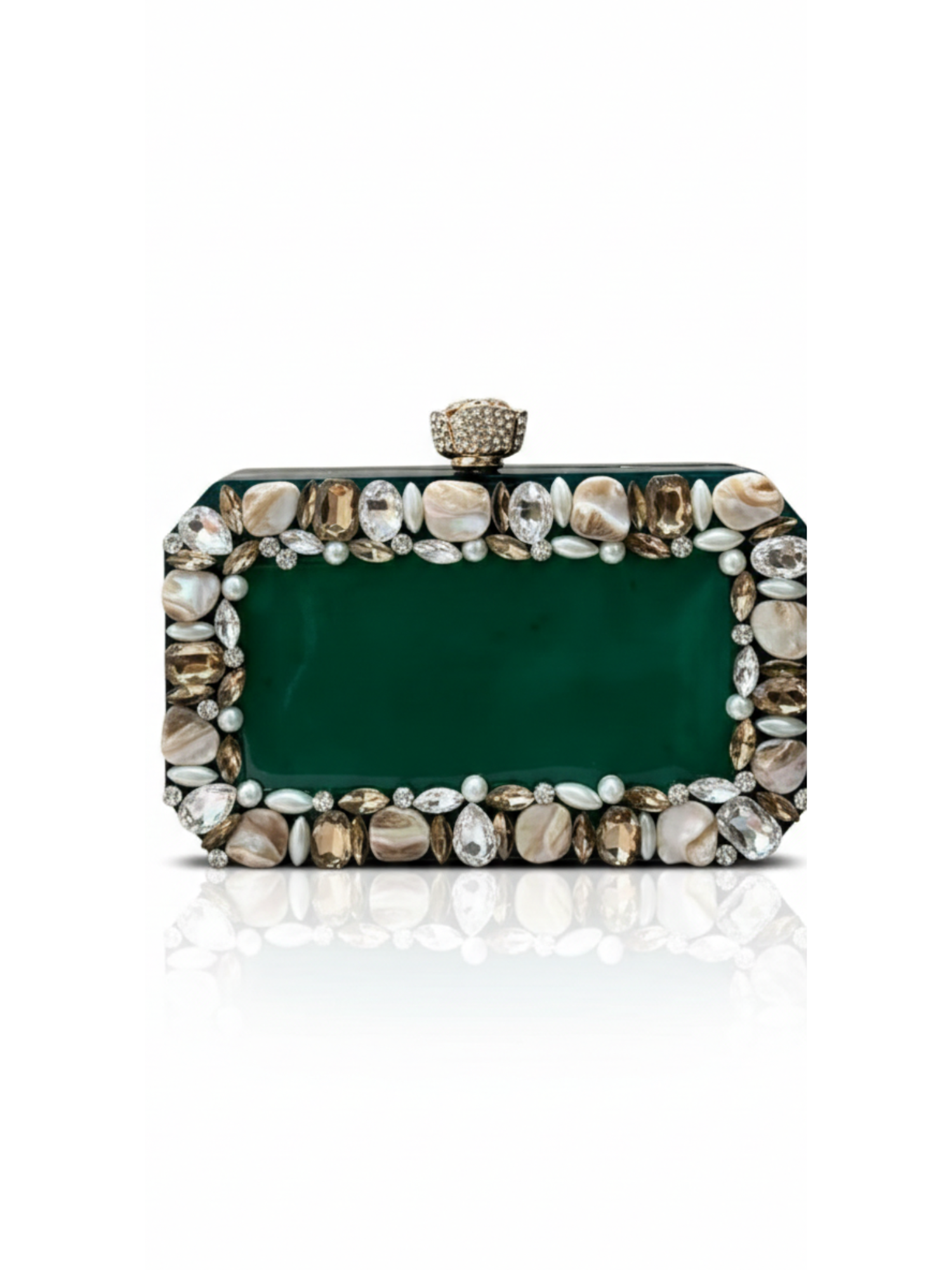 Emerald Aura Resin clutch bag by aclutchstory featuring a vibrant green color. Comes with beautiful stone work on all sides featuring a diamond studded Rose knob. 