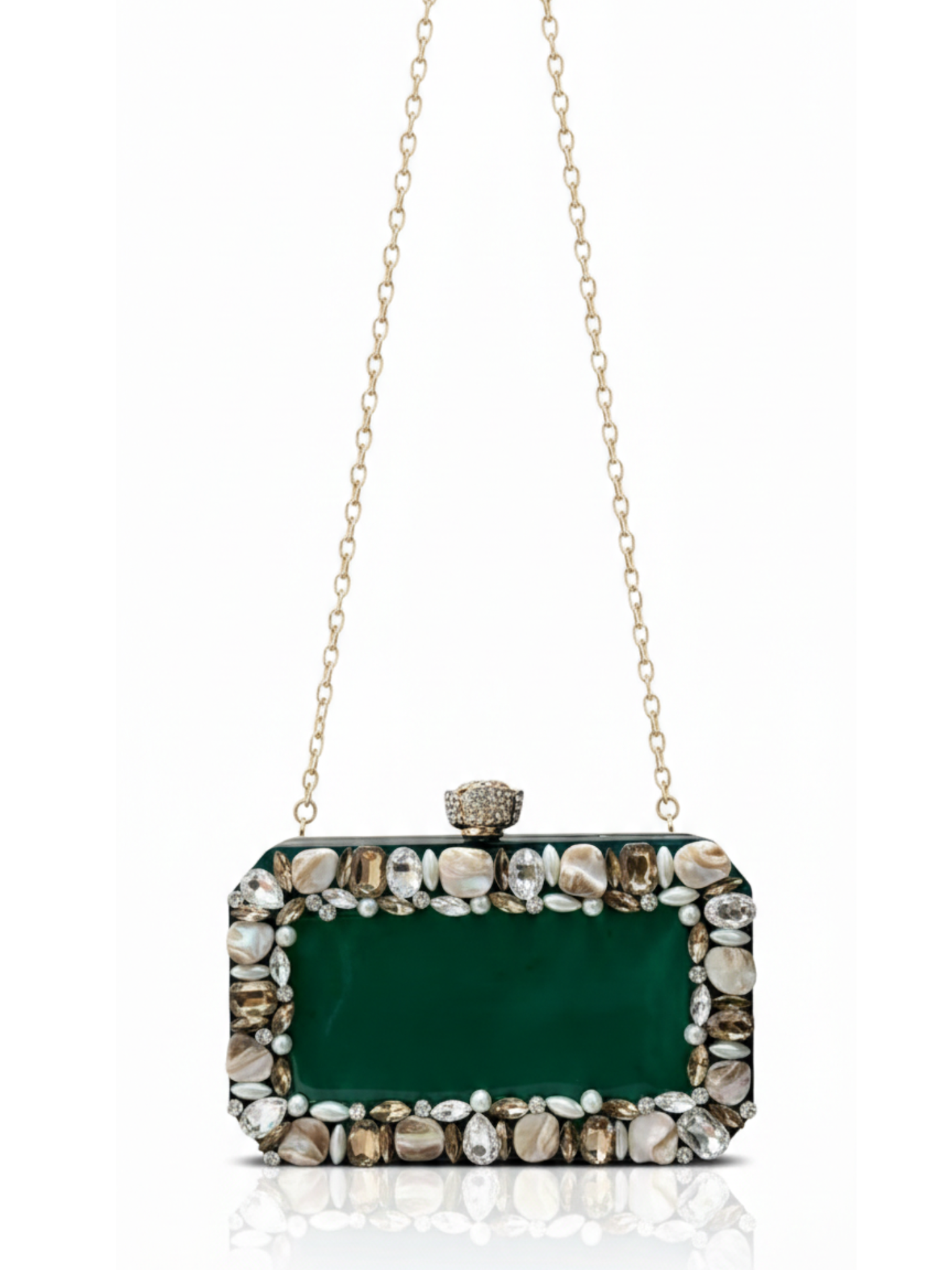 Emerald Aura Resin clutch bag by aclutchstory featuring a vibrant green color. Comes with beautiful stone work on all sides and a long sling chain.