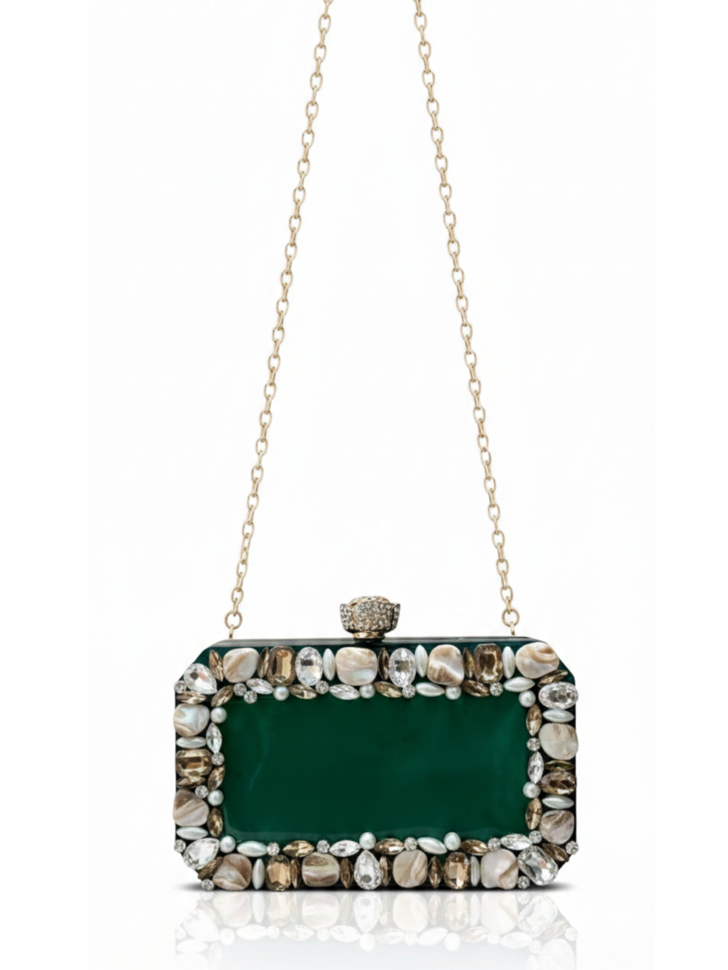 Emerald Aura Resin clutch bag by aclutchstory featuring a vibrant green color. Comes with beautiful stone work on all sides and a long sling chain.