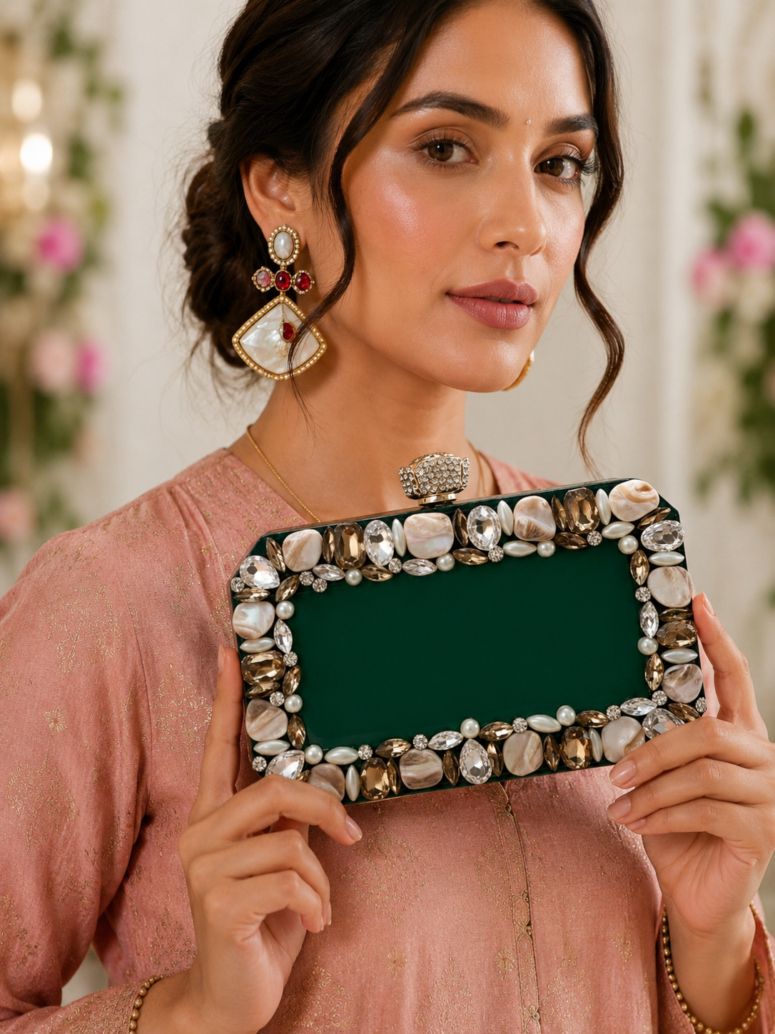 Woman holding a decorative clutch with a floral background