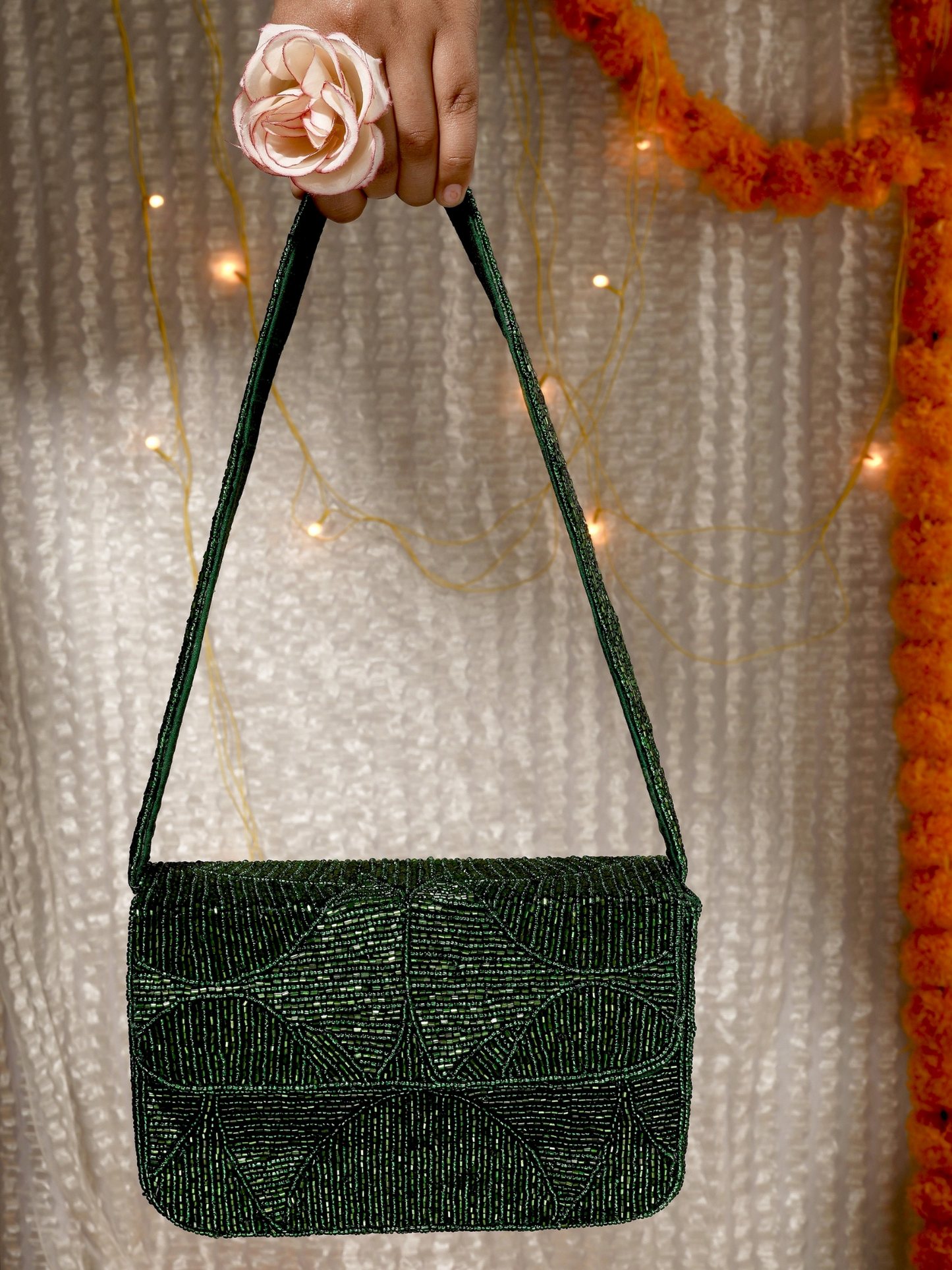 Beaded purse from Evergreen Luxe collection by aclutchstory, featuring intricate beadwork and elegant design.