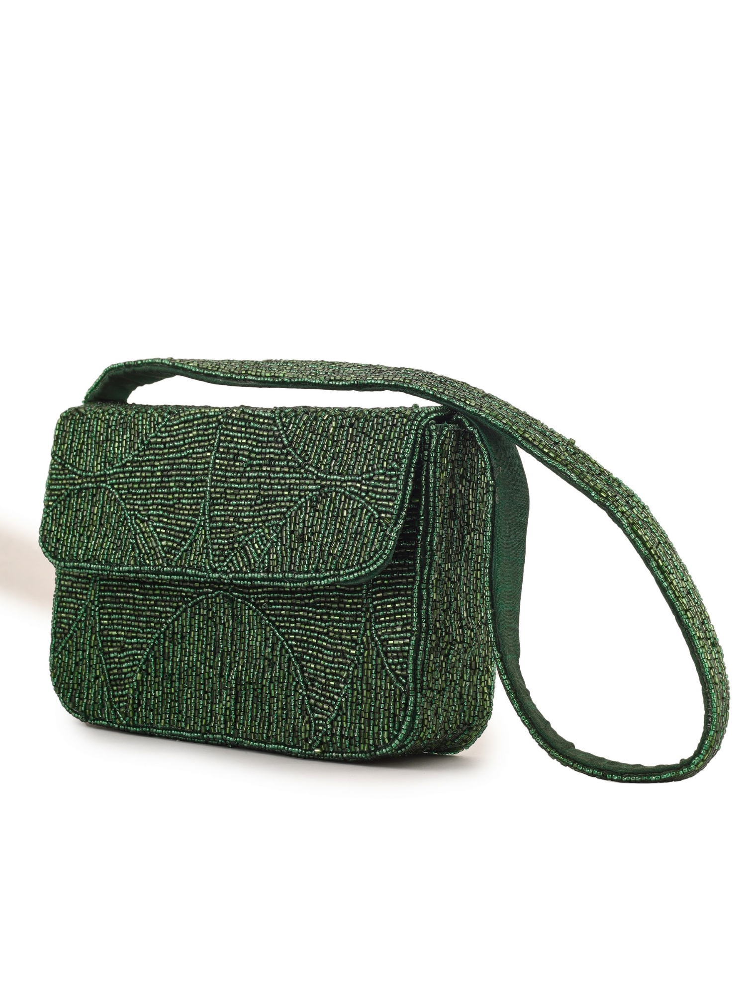 Beaded clutch purse from aclutchstory featuring elegant green evergreen design with intricate beadwork and a compact shape.