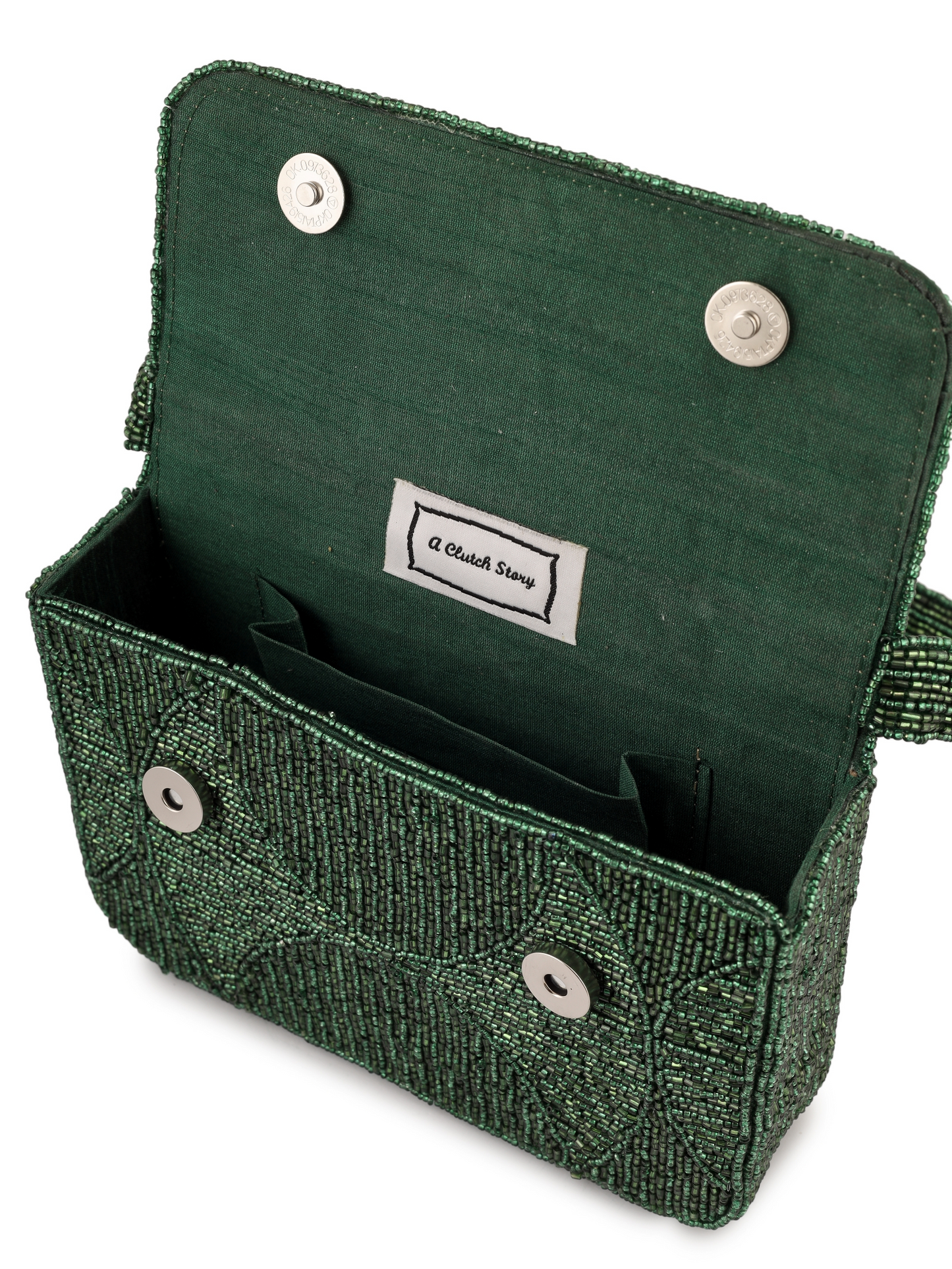 Beaded purse from aclutchstory's Evergreen Luxe collection, featuring intricate beadwork and a sleek, elegant design.