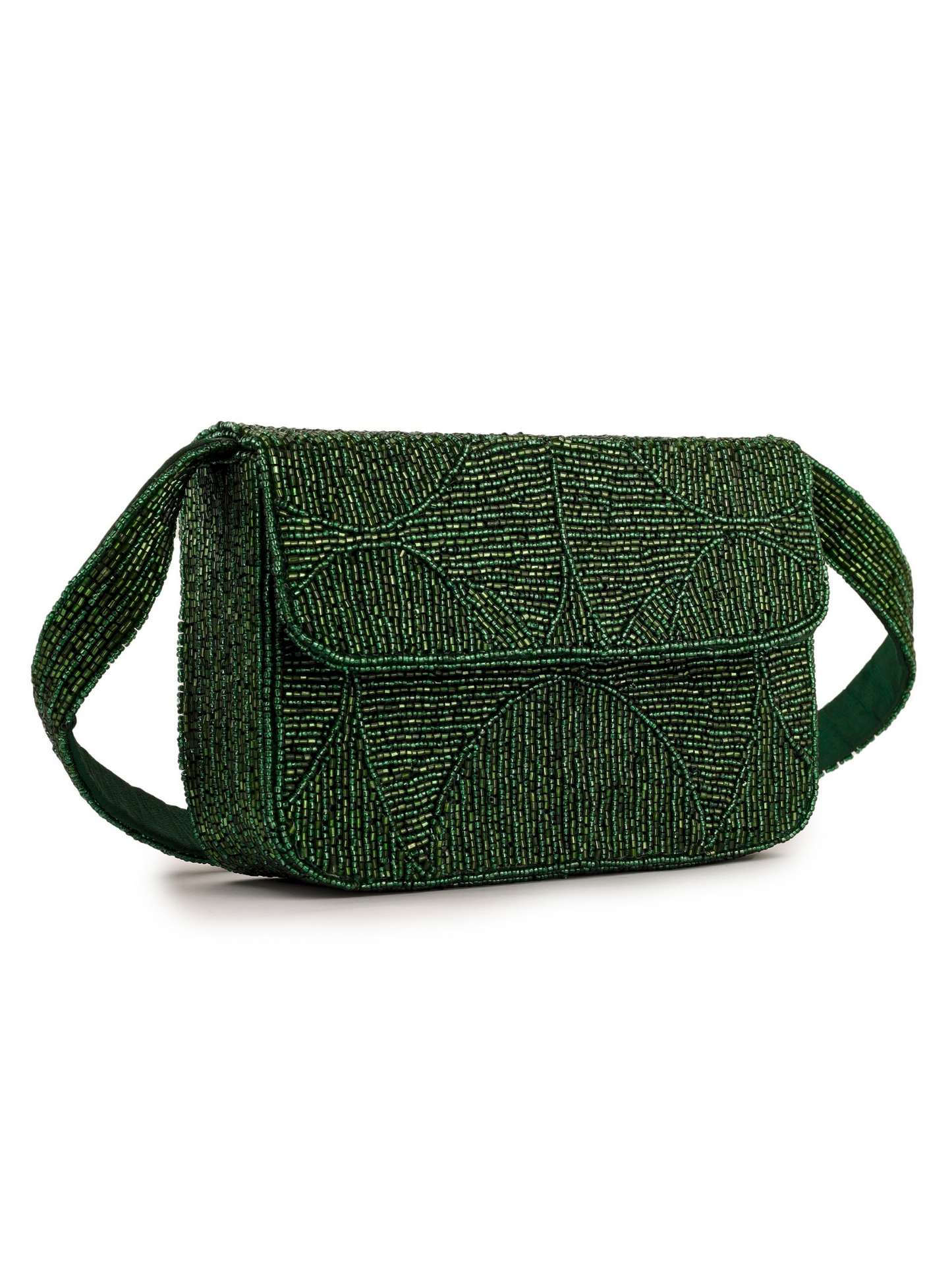 Beaded purse by aclutchstory featuring intricate green and gold beads, compact clutch with elegant design for special occasions.