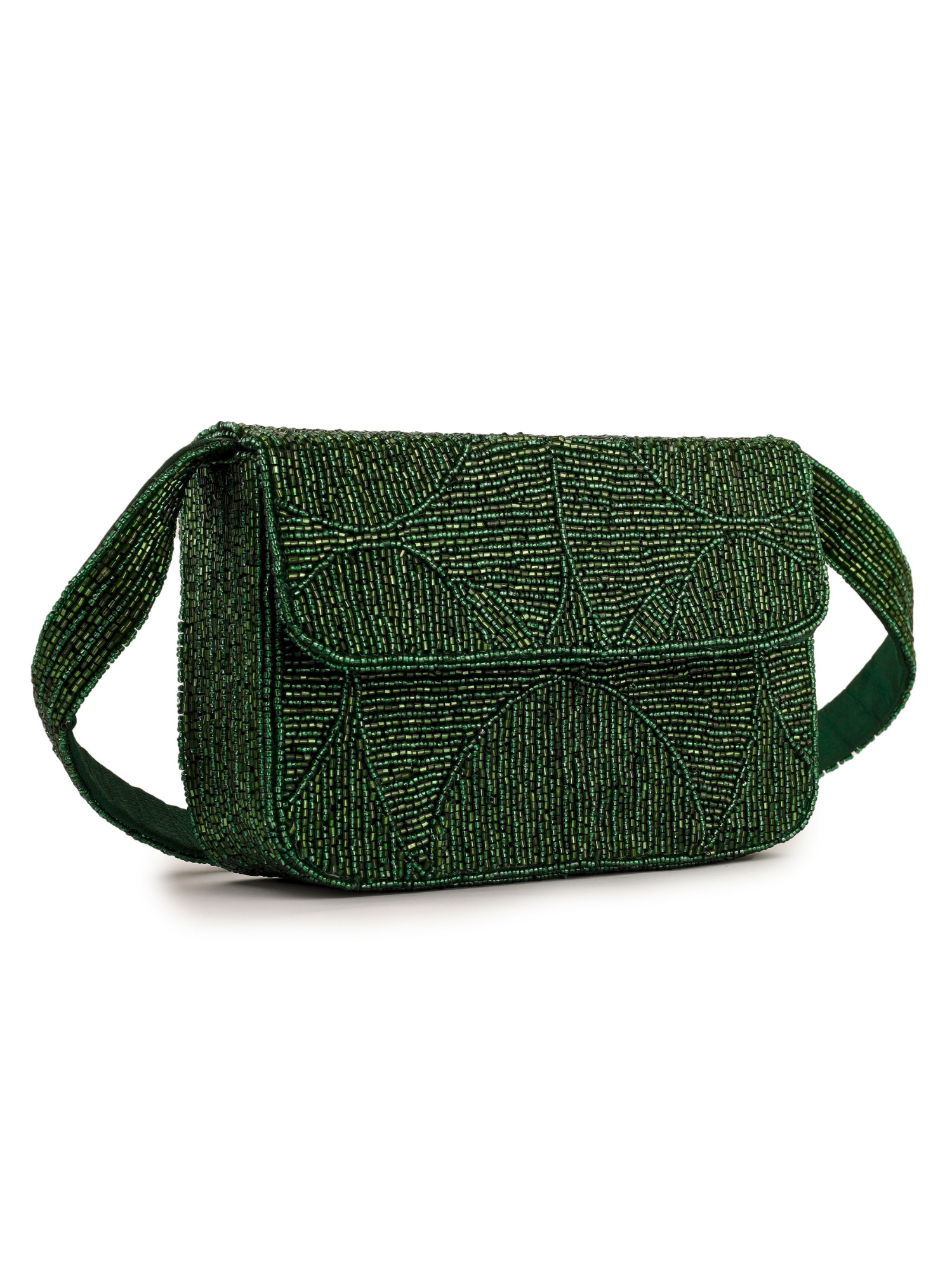 Beaded purse by aclutchstory featuring intricate green and gold beads, compact clutch with elegant design for special occasions.
